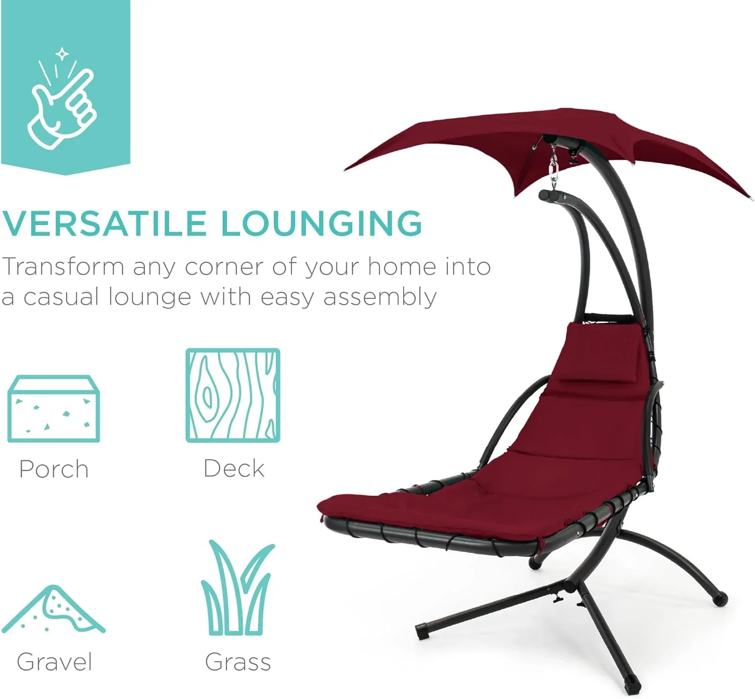 Best Choice Products Outdoor Hanging Curved Steel Chaise Lounge Chair Swing w/Built-in Pillow and Removable Canopy - Charcoal Gray - Image 62