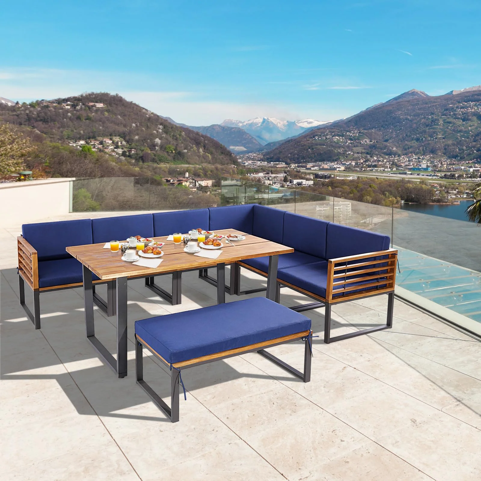 Tangkula 8 Piece Patio Dining Set, Acacia Wood Conversation Sofa Set - Image 4