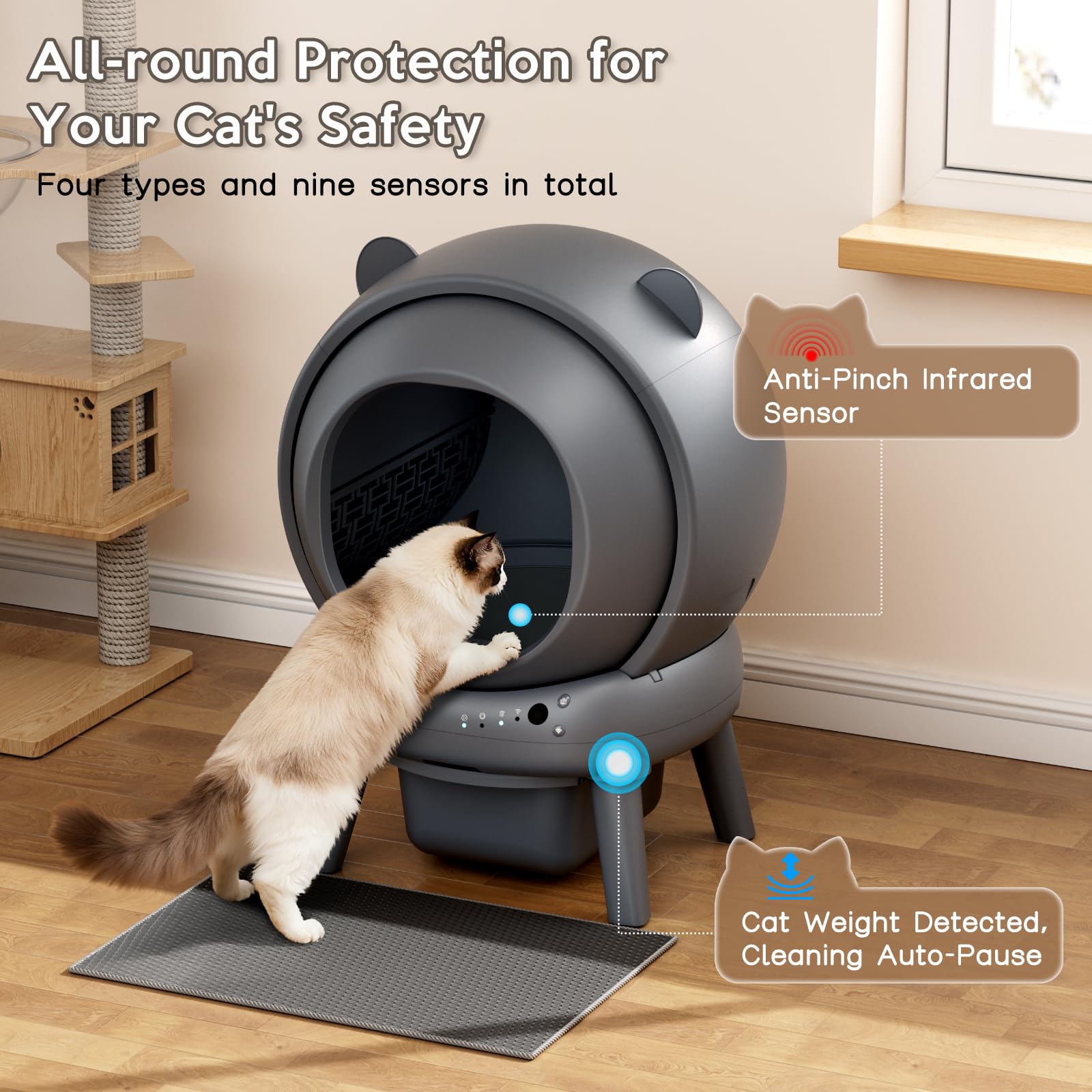 Self Cleaning Litter Box, Dual Safety Sensors, App Control, Gray Automatic Cat Litter Box for Multiple Cats, Noise & Odor Control, Easy Maintenance with 2 Rolls of Garbage Bags, Includes Mat - Image 4