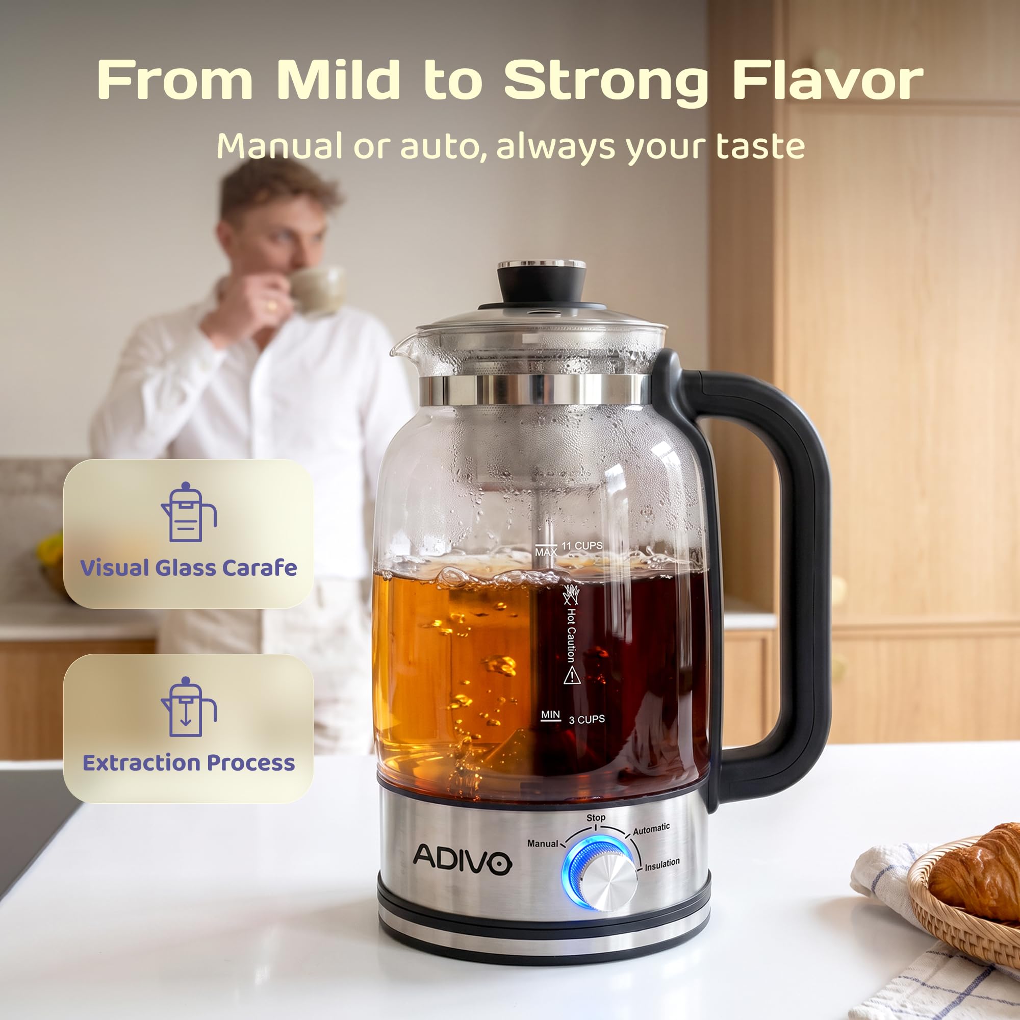 ADIVO Electric Coffee Percolator, Glass Coffee Pot, Plastic-Free Design Rich Percolator Coffee, 11-Cup Capacity, Plastic-Free Brewing, Visible Brewing, 700W Heating, Keep Warm, Reusable Filter - Image 3