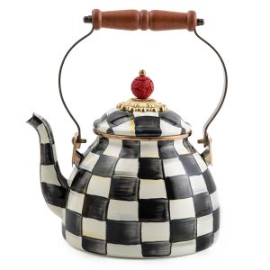 MACKENZIE-CHILDS Tea Kettle, 2 Quarts, Black-and-White Courtly Check Hand-painted design, made from enameled steel with a wooden handle, ideal for serving coffee, tea, and other hot beverages