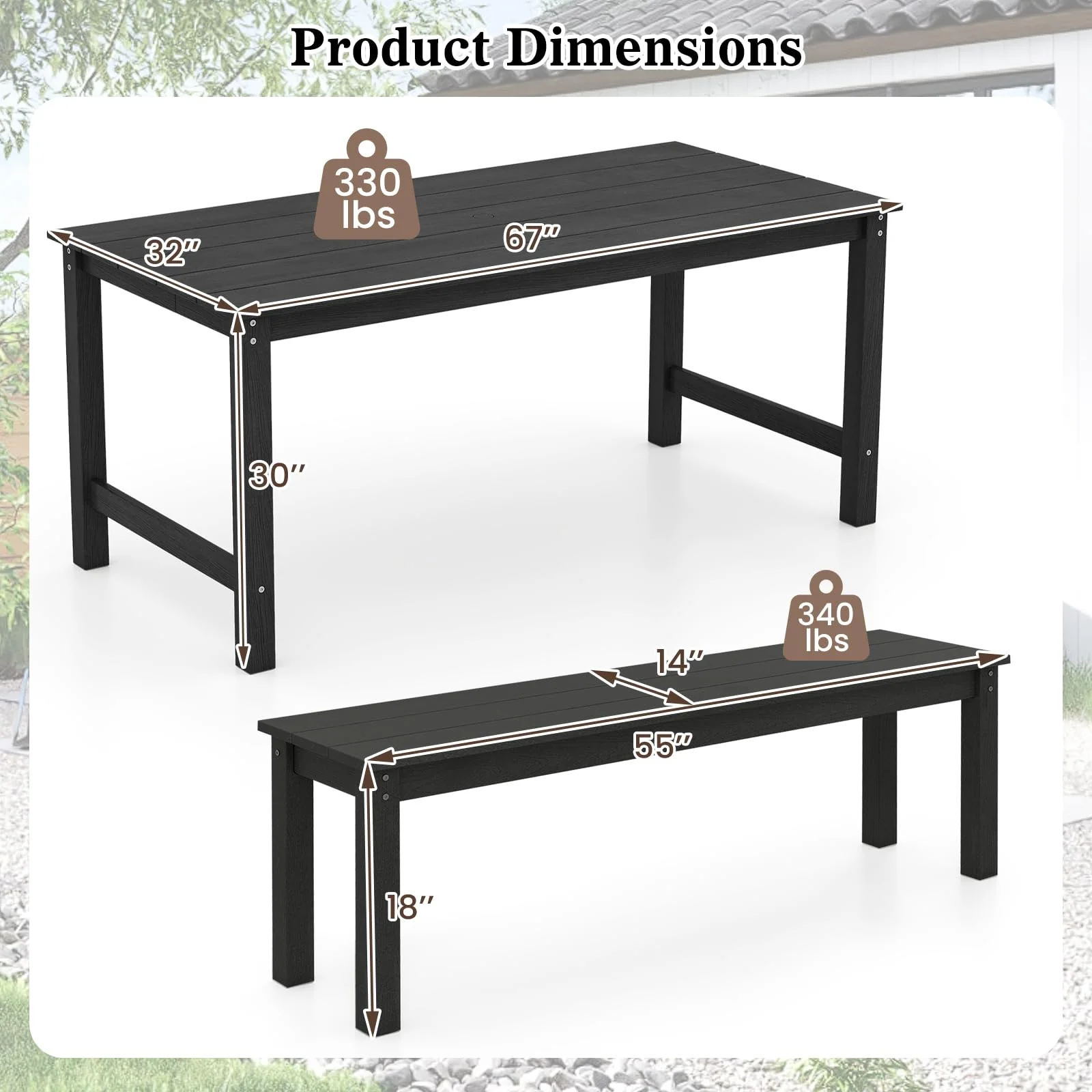 Tangkula 3 Pieces Outdoor HDPE Dining Table Set with 2 Benches - Image 3