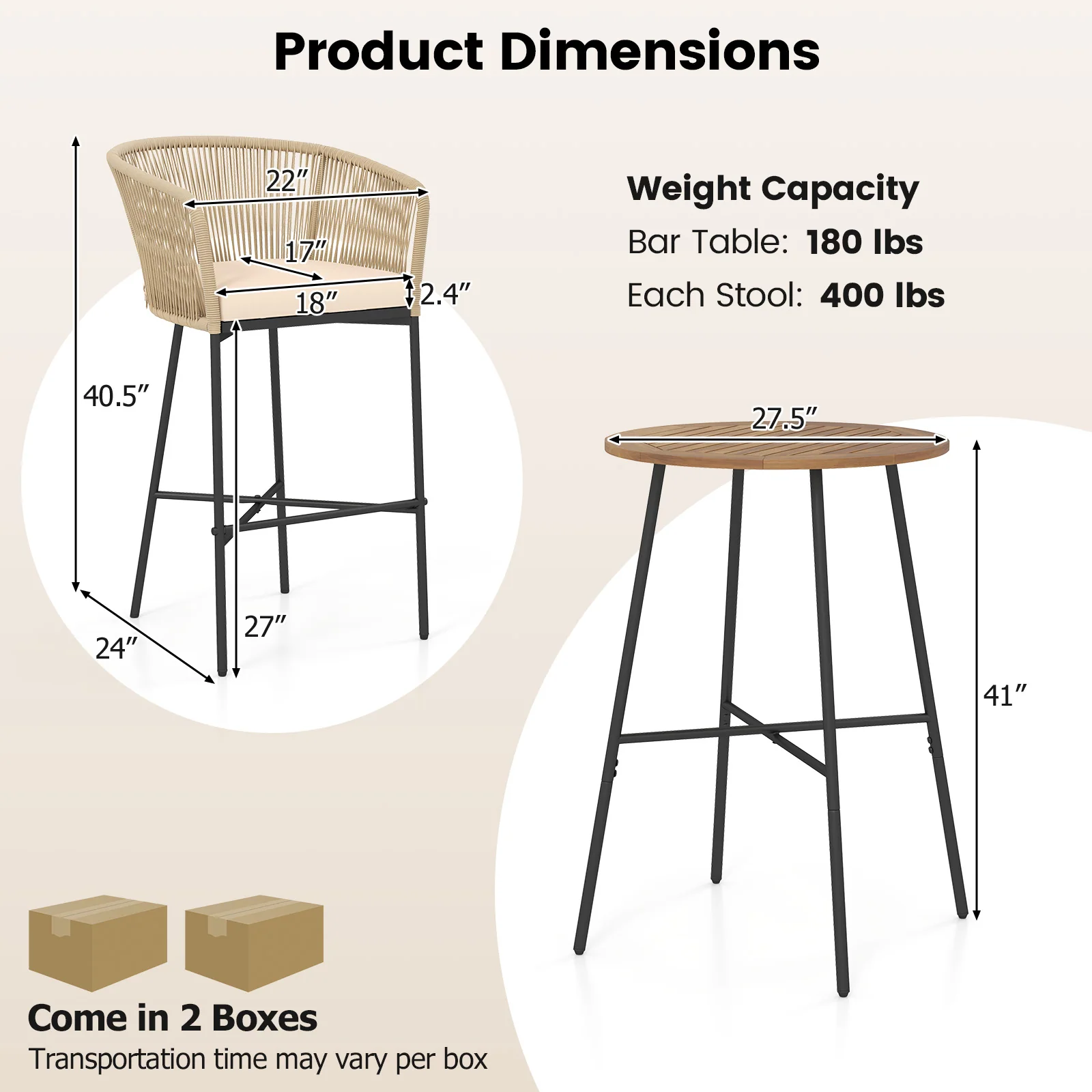Tangkula 3 Pieces Rope Woven Patio Bar Set, Counter Height Bistro Set w/Soft Cushions - Image 9