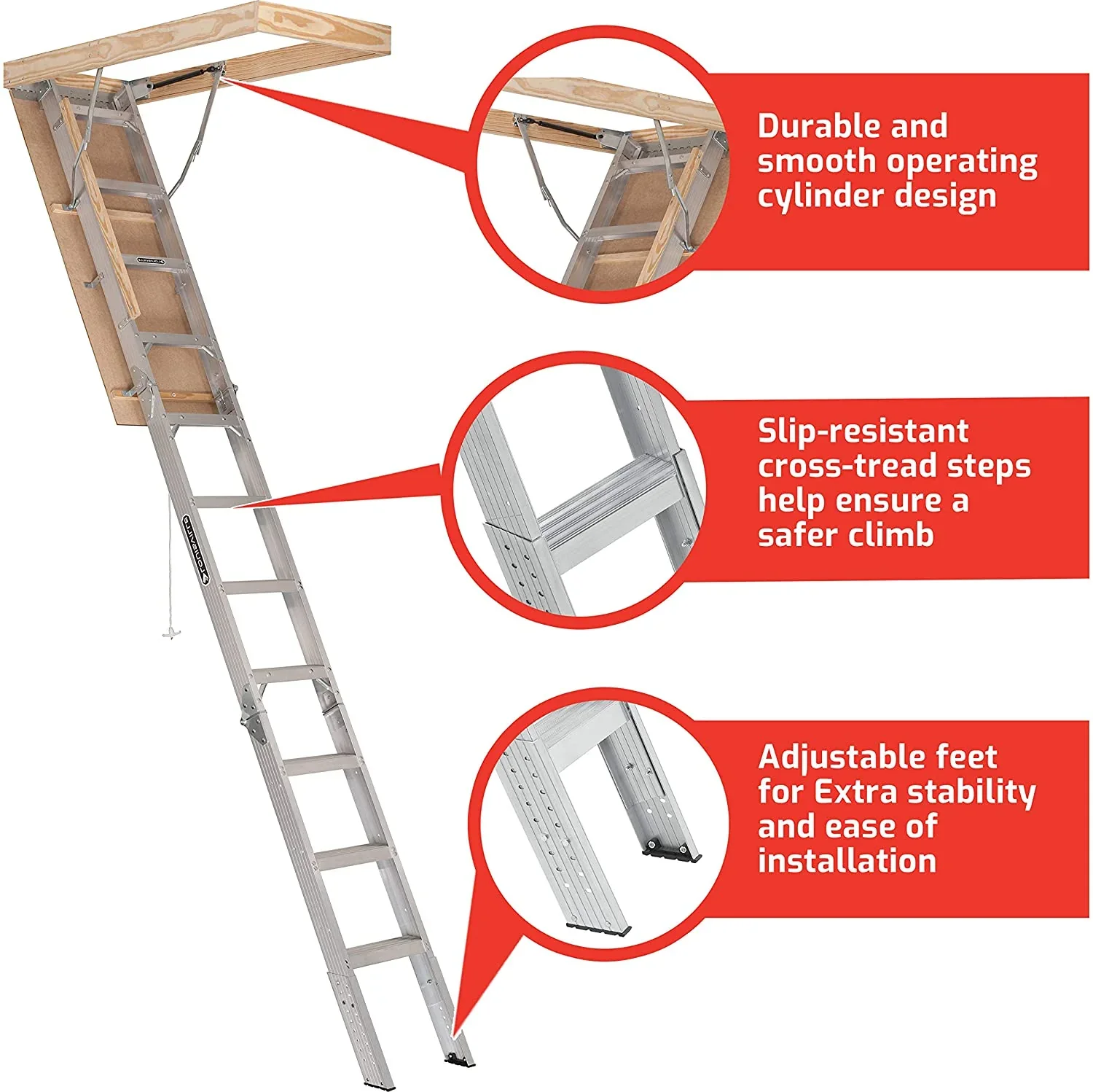 25-1/2 by 54-Inch Elite, 7'8′′-10-Foot Ceiling Height, 375-Pound Capacity, Type IAA, AA2510, Aluminum Ladder, attic, x Rough Opening, Silver - Image 2