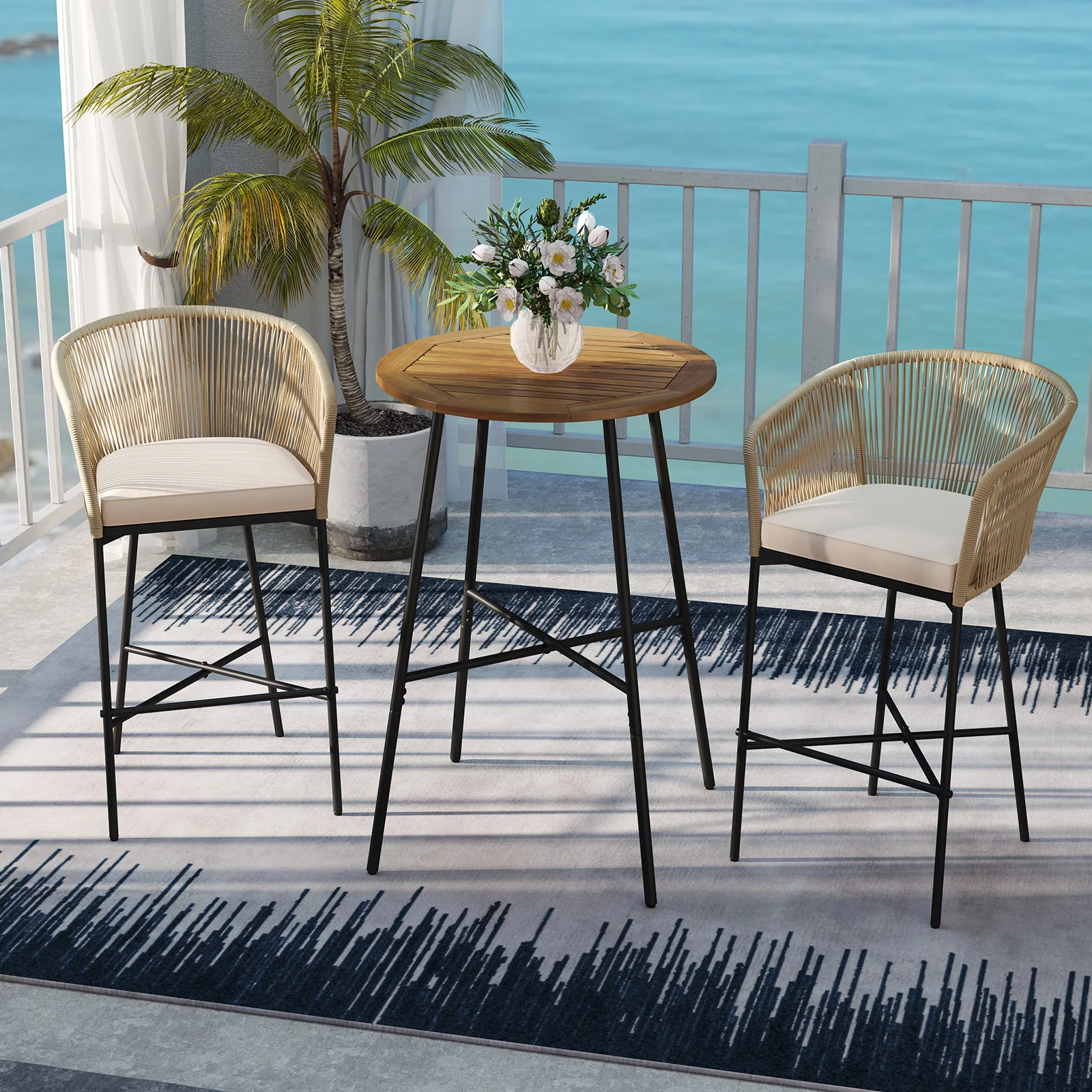 Tangkula 3 Pieces Rope Woven Patio Bar Set, Counter Height Bistro Set w/Soft Cushions - Image 3