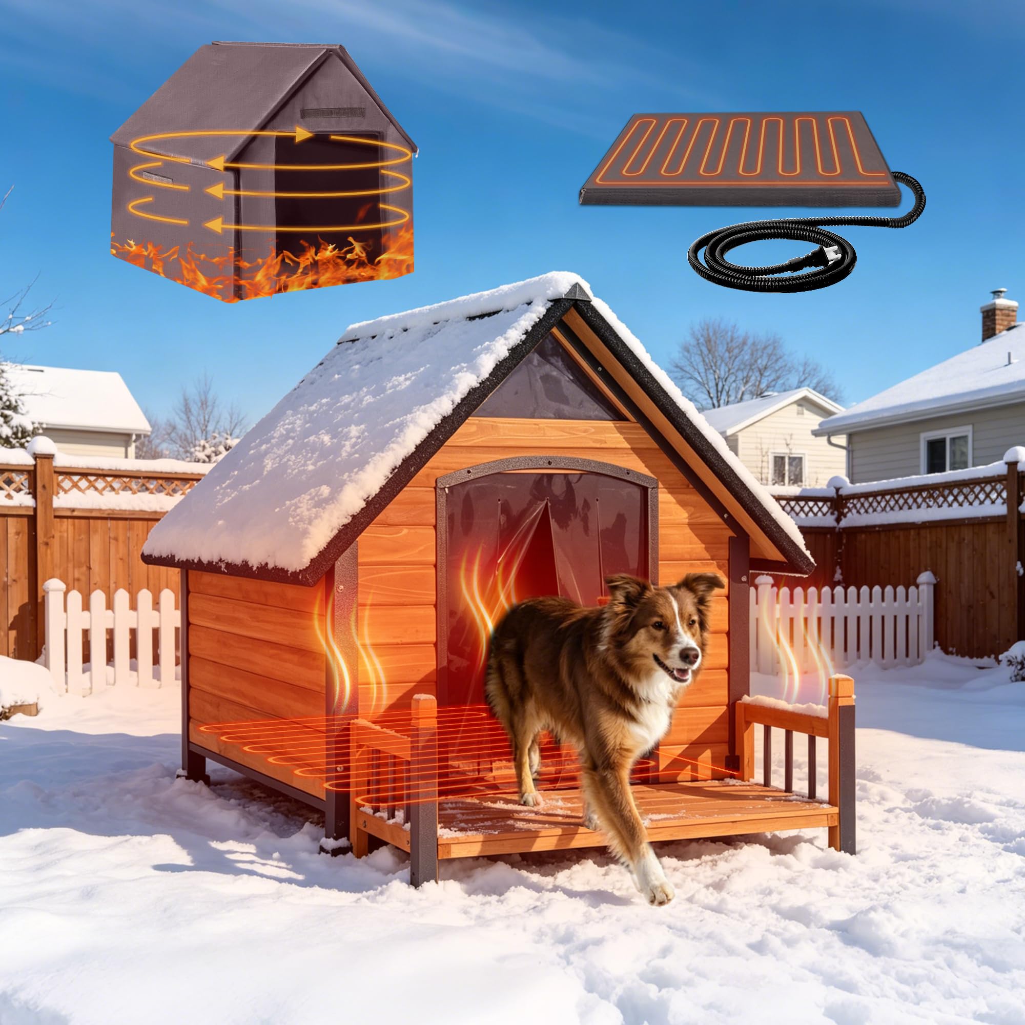 Extra Large Heated Dog House Outdoor with Iron Frame and Heating Pad reinforced iron frame, safety heating pad, insulated liner, asphlat roof, PVC curtain, proch, extended size