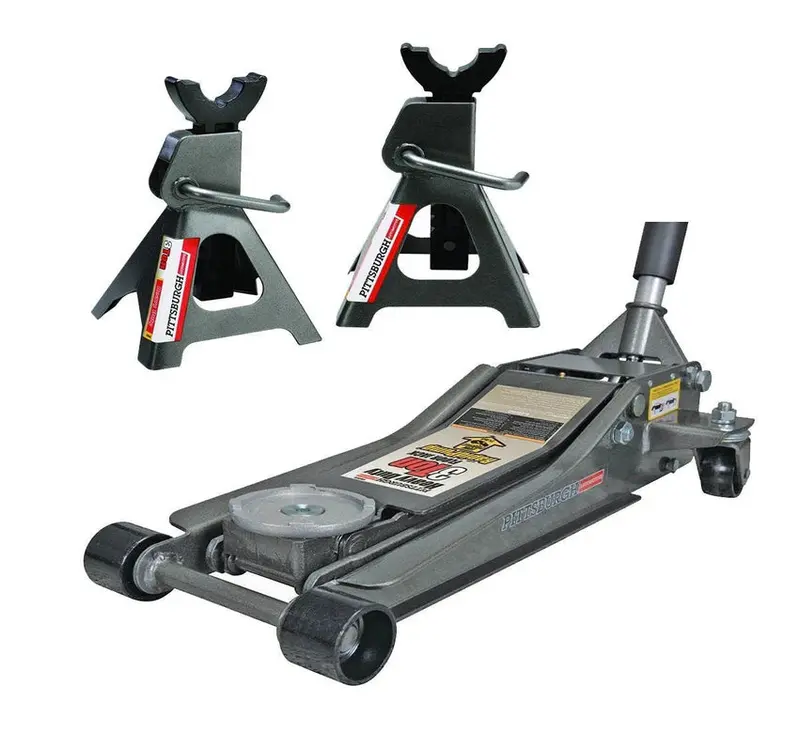 Pittsburg 3-Ton Low-Profile Steel Floor Jack And Stands Combo - Rapid Lift Hydraulic System