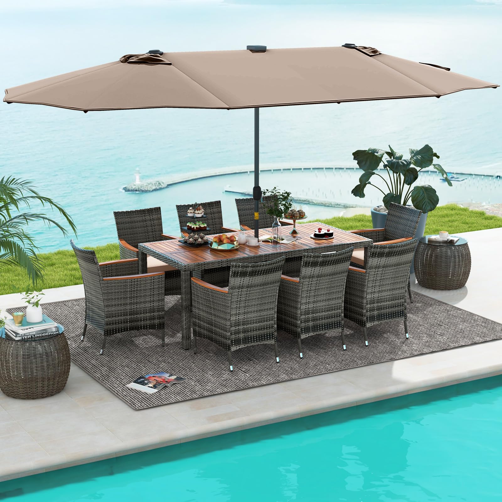 Tangkula 11 Pieces Patio Dining Set with 15 ft Double-Sided Patio LED Umbrella (Base Included) - Image 14