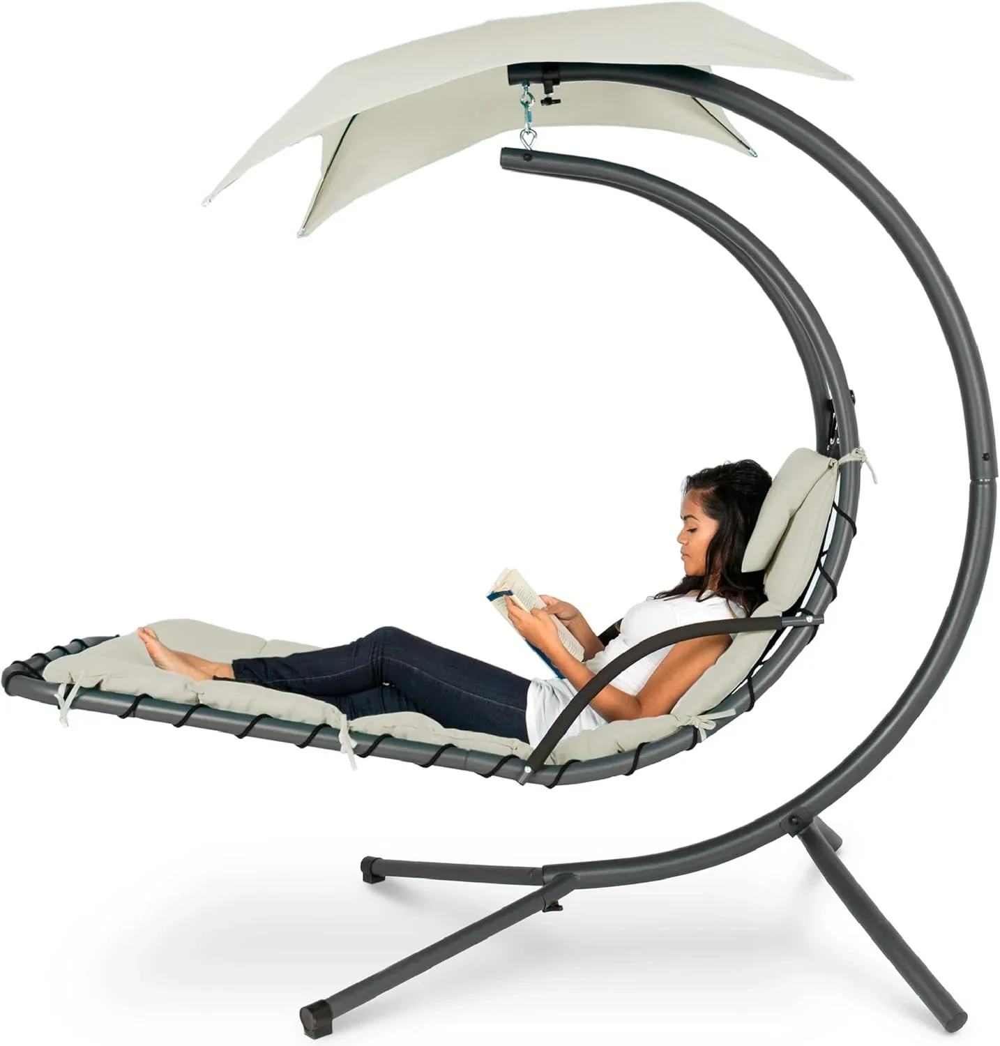 Best Choice Products Outdoor Hanging Curved Steel Chaise Lounge Chair Swing w/Built-in Pillow and Removable Canopy - Charcoal Gray - Image 34