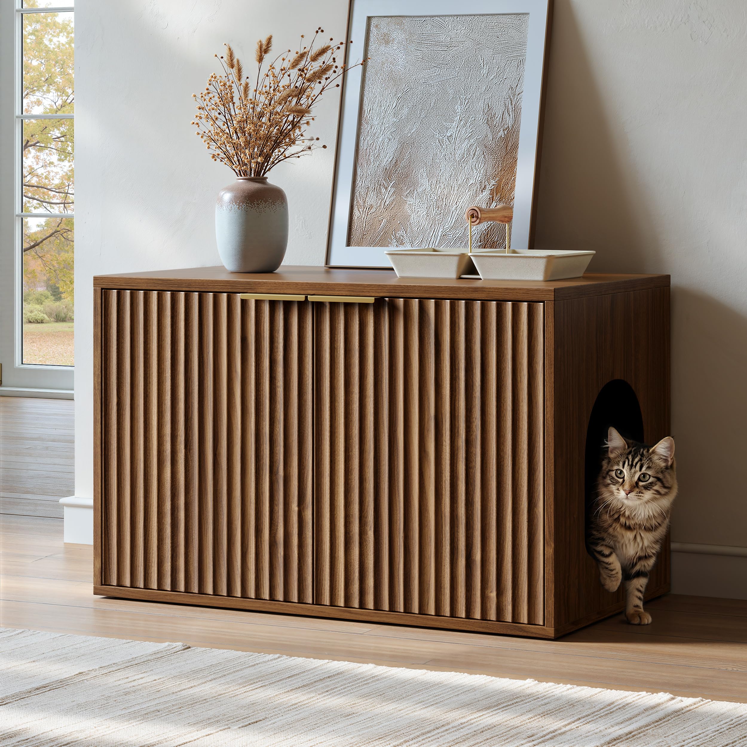 Evermagin 31.5" Cat Litter Box Enclosure Furniture Walnut Hidden Litter Box Cabinet, Modern Indoor Cat House, Fluted Kitty End Table for Living Room, Bedroom, Entryway