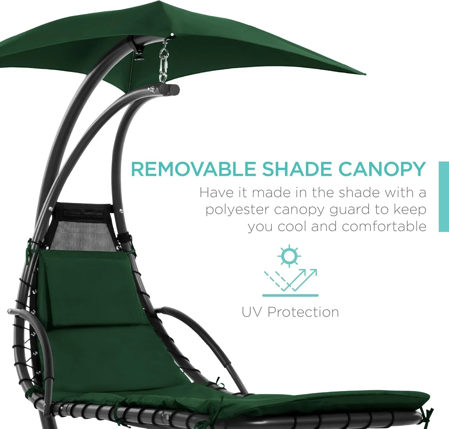 Best Choice Products Outdoor Hanging Curved Steel Chaise Lounge Chair Swing w/Built-in Pillow and Removable Canopy - Charcoal Gray - Image 85