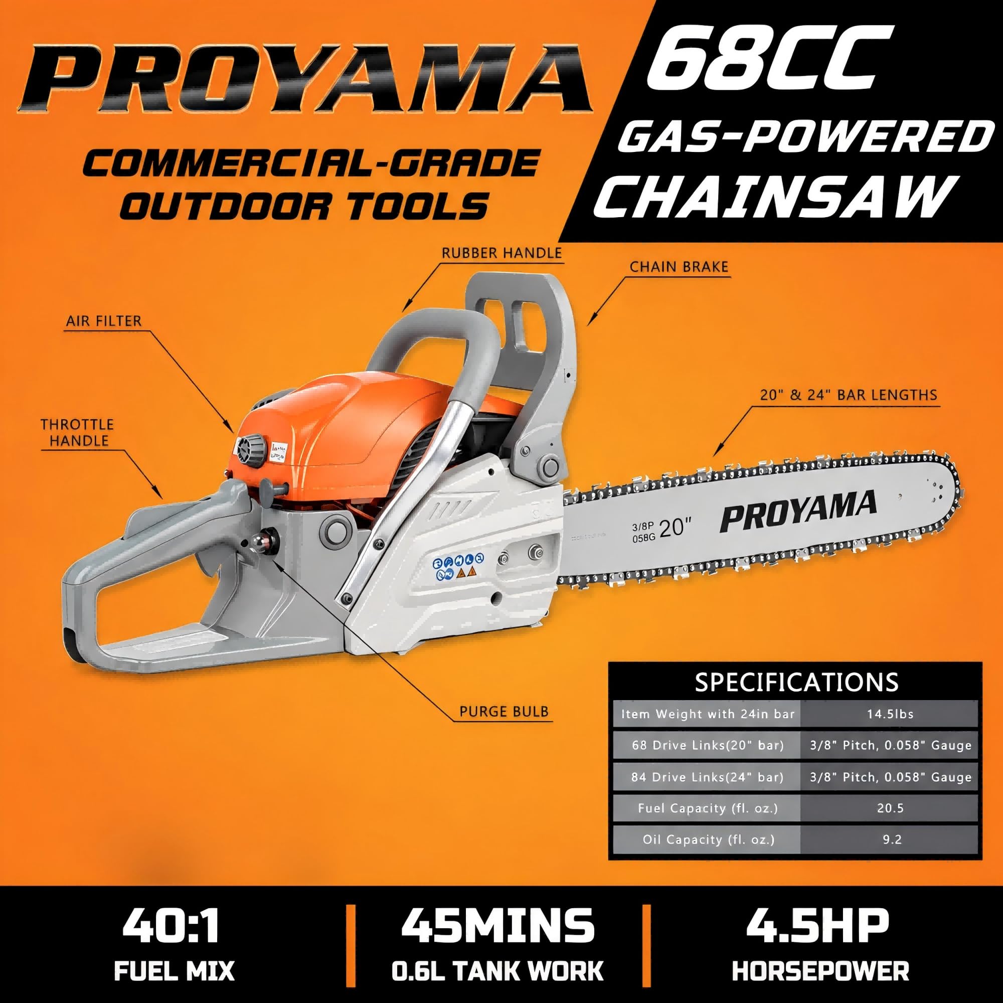 PROYAMA 68CC Gas Powered Chainsaw, 24 Inch 20 Inch Top Handle Chain Saw 4.5HP 2-Cycle Handheld Cordless Easy Start Motosierra De Gasolina for Wood Cutting, Tree Trimming and Land Clearing - Image 4