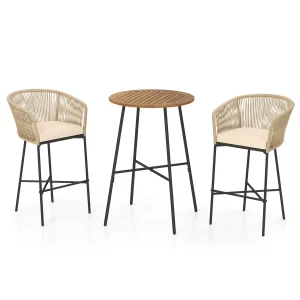 Tangkula 3 Pieces Rope Woven Patio Bar Set, Counter Height Bistro Set w/Soft Cushions