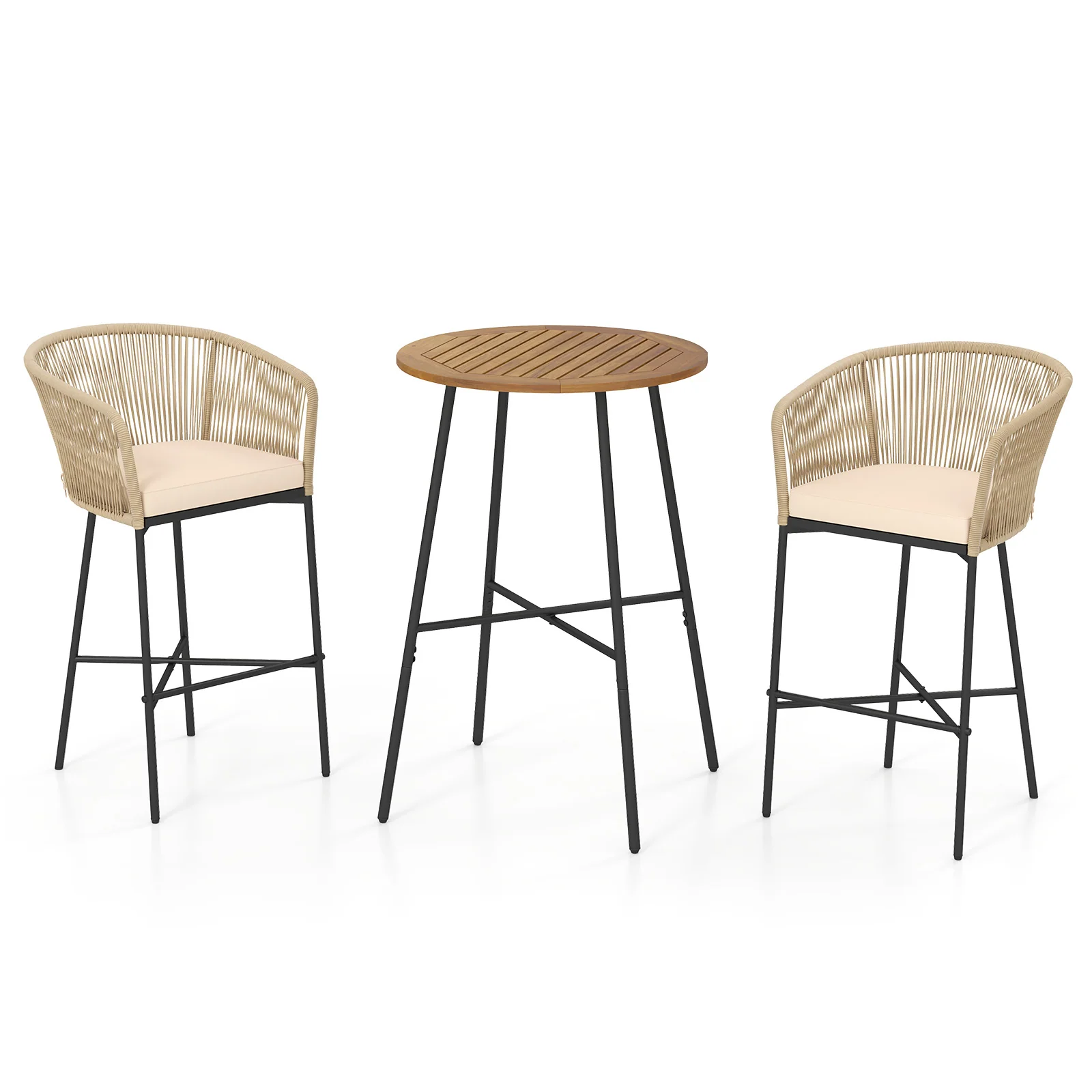 Tangkula 3 Pieces Rope Woven Patio Bar Set, Counter Height Bistro Set w/Soft Cushions
