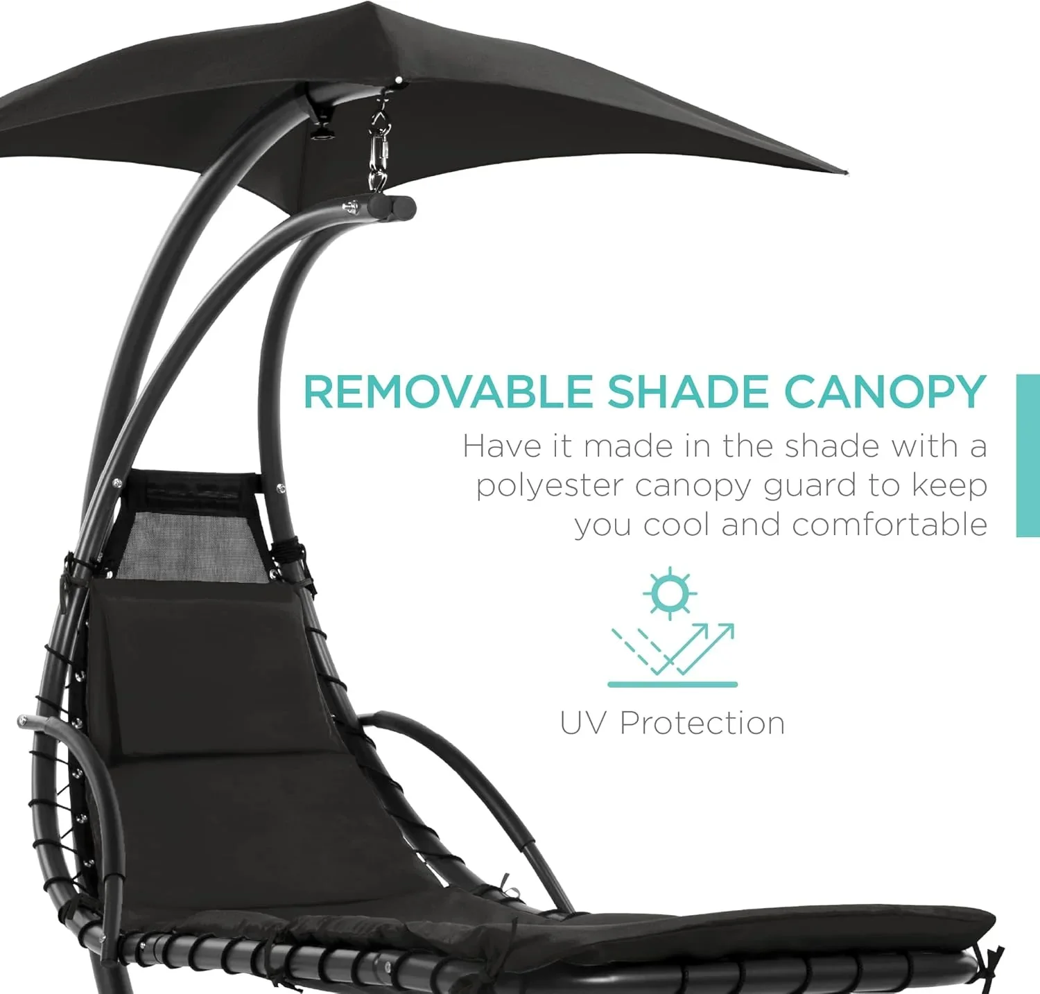 Best Choice Products Outdoor Hanging Curved Steel Chaise Lounge Chair Swing w/Built-in Pillow and Removable Canopy - Charcoal Gray - Image 118