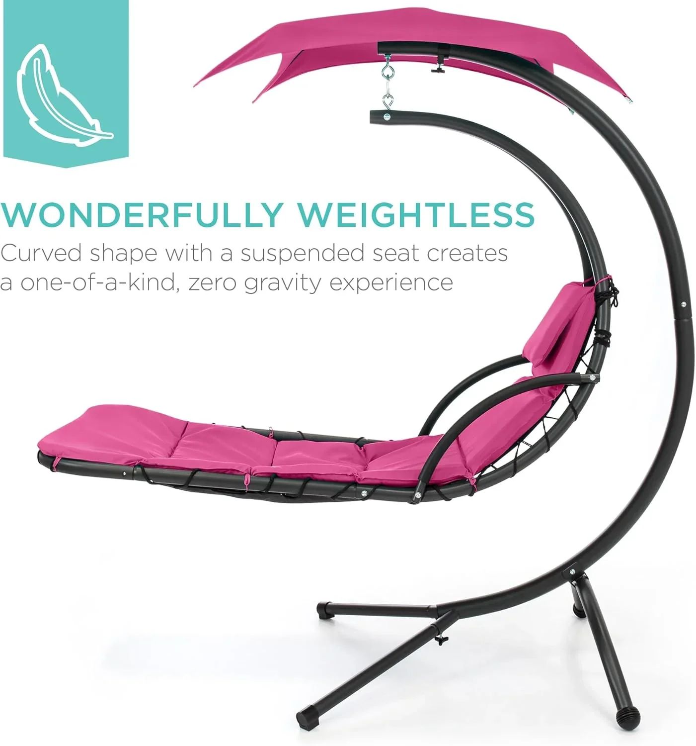 Best Choice Products Outdoor Hanging Curved Steel Chaise Lounge Chair Swing w/Built-in Pillow and Removable Canopy - Charcoal Gray - Image 46