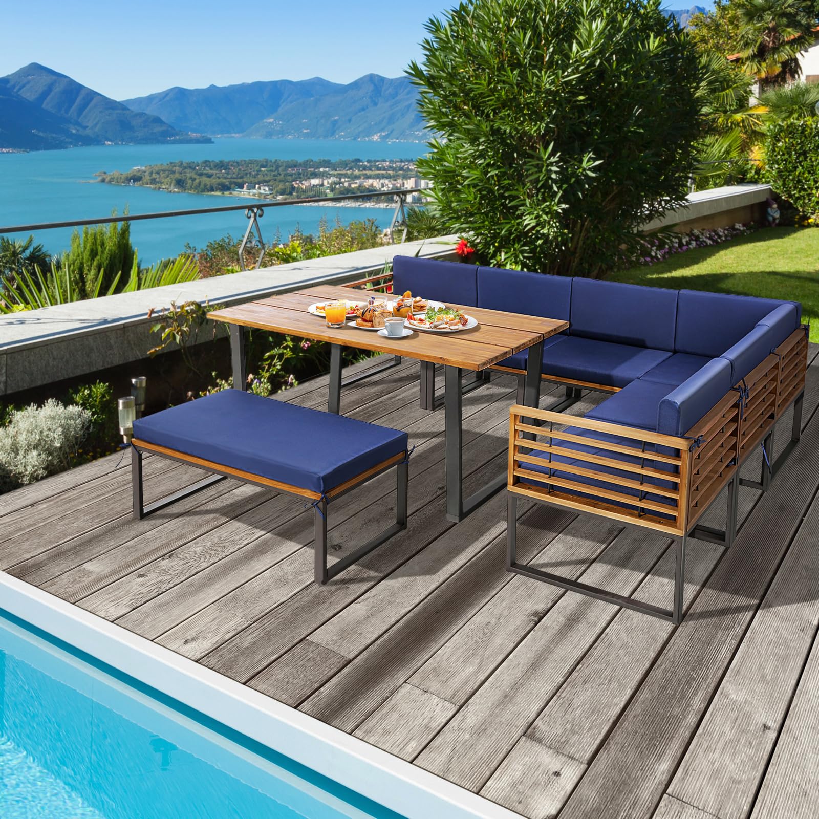 Tangkula 8 Piece Patio Dining Set, Acacia Wood Conversation Sofa Set - Image 3