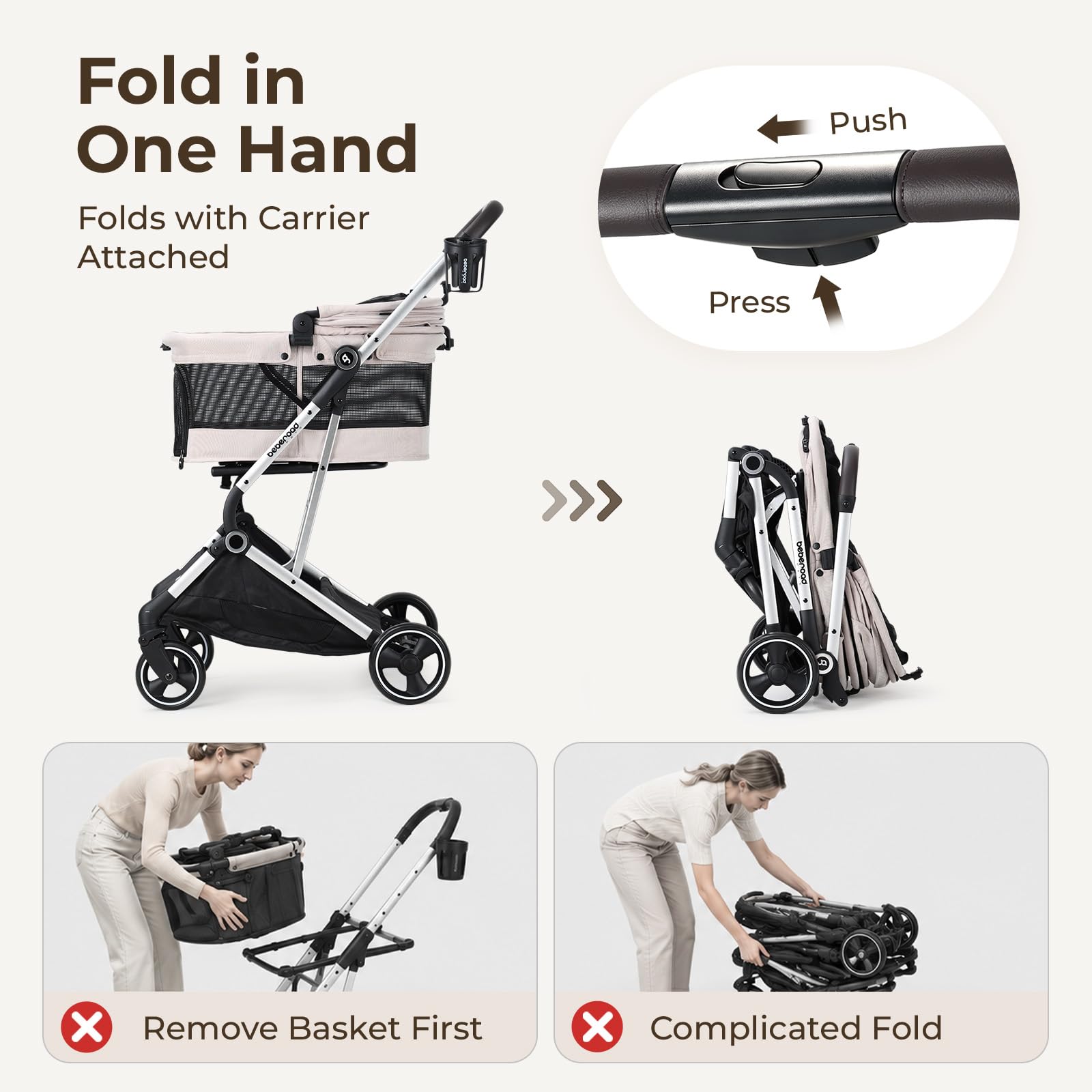 Beberoad Dog Stroller T4 PRO for Small Medium Dogs 4 Wheels Aluminum Alloy Frame, All-Terrain Wheels, One Hand Fold Stroller, Lightweight Roomy Cabin - Image 2