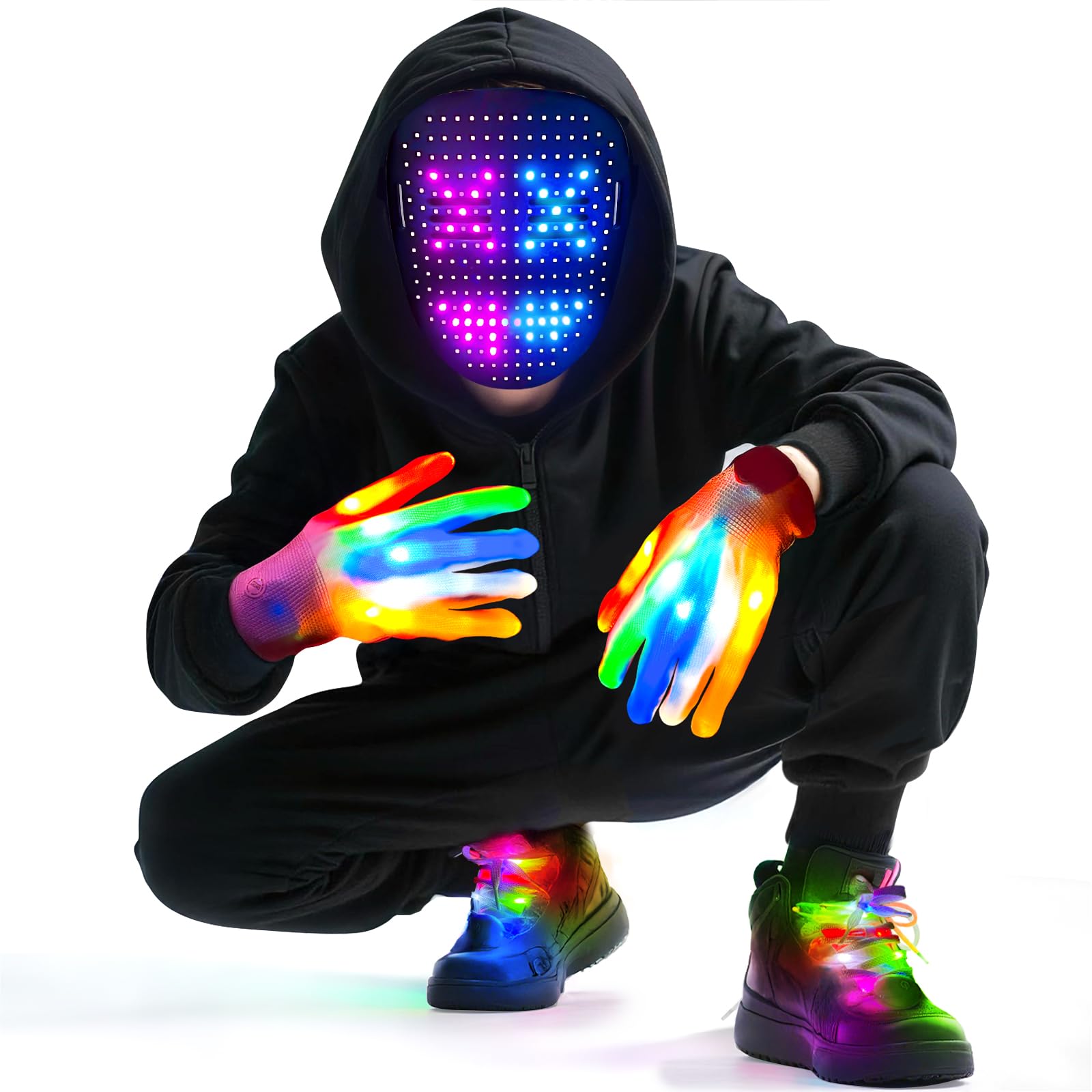 3 Set LED Mask with Gesture Sensing Light Up Gloves and Glow Shoelaces Light up Costume Gifts for Teens, Cool Glowing Toys for Halloween Birthday Christmas Cosplay Party
