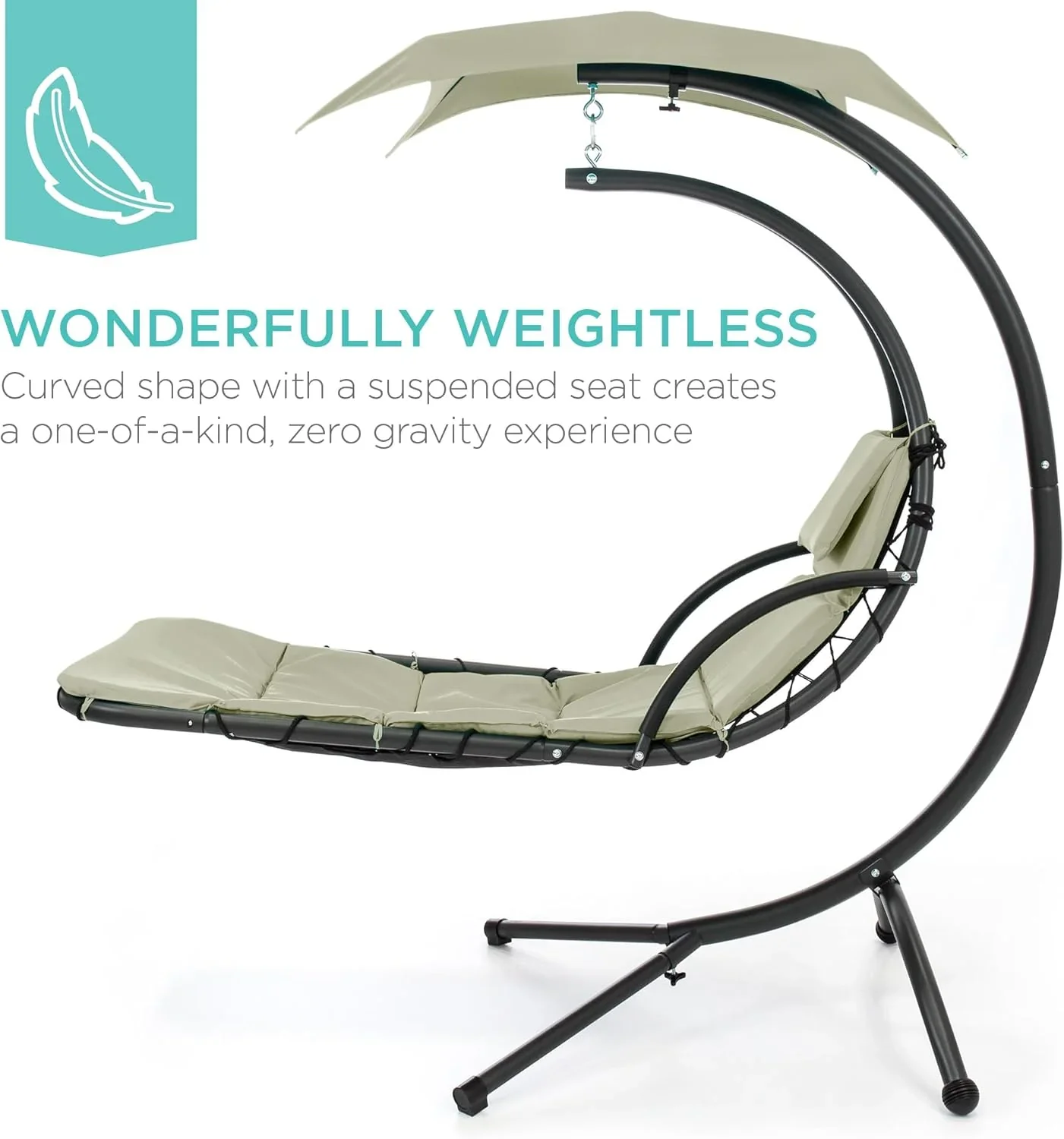 Best Choice Products Outdoor Hanging Curved Steel Chaise Lounge Chair Swing w/Built-in Pillow and Removable Canopy - Charcoal Gray - Image 97