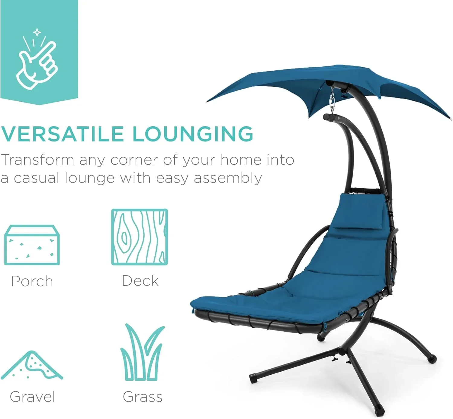 Best Choice Products Outdoor Hanging Curved Steel Chaise Lounge Chair Swing w/Built-in Pillow and Removable Canopy - Charcoal Gray - Image 74