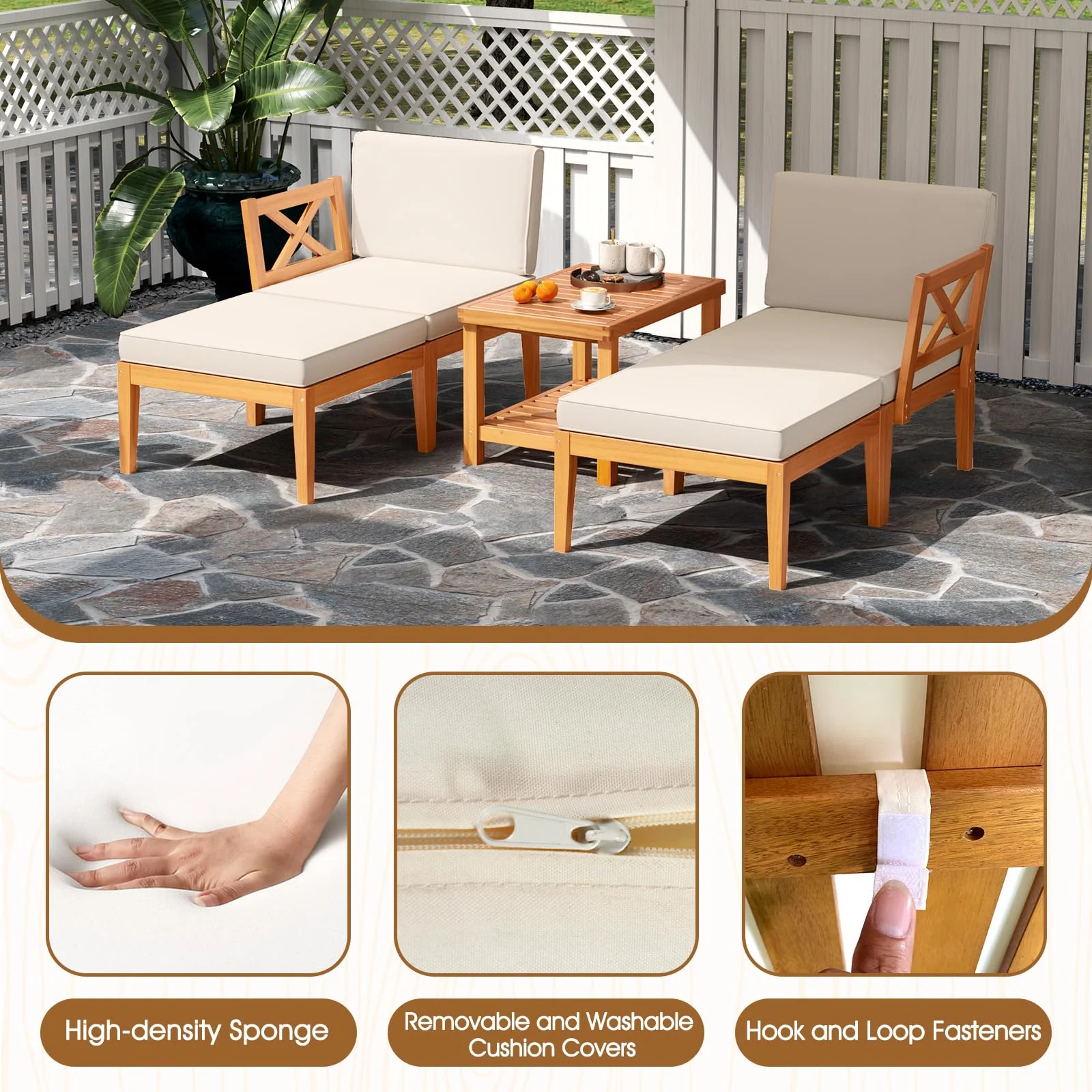 Tangakula 5 Pieces Patio Lounge Chair Set w/Ottomans, Modular Outdoor Lounge Sofa Set for Lawn, Backyard, Poolside (Off White) - Image 7