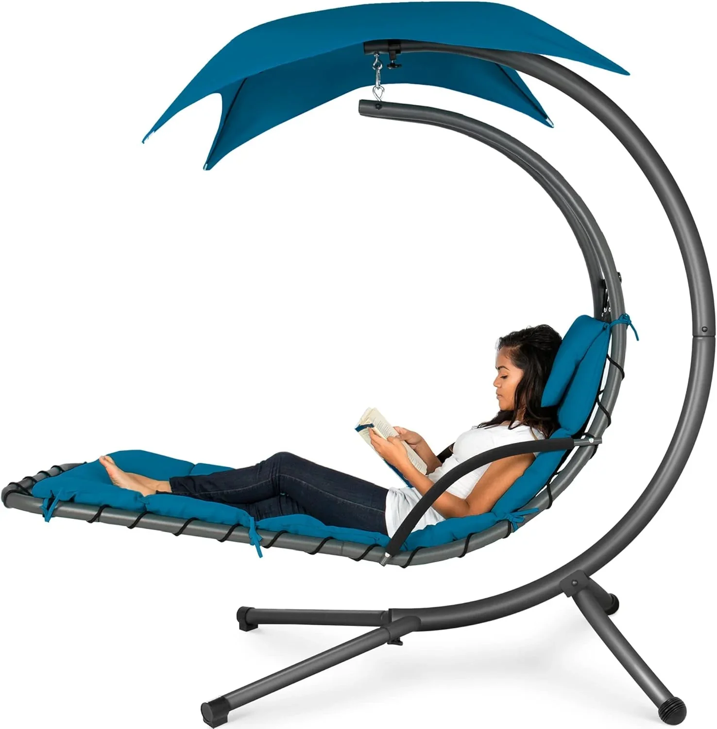 Best Choice Products Outdoor Hanging Curved Steel Chaise Lounge Chair Swing w/Built-in Pillow and Removable Canopy - Charcoal Gray - Image 24