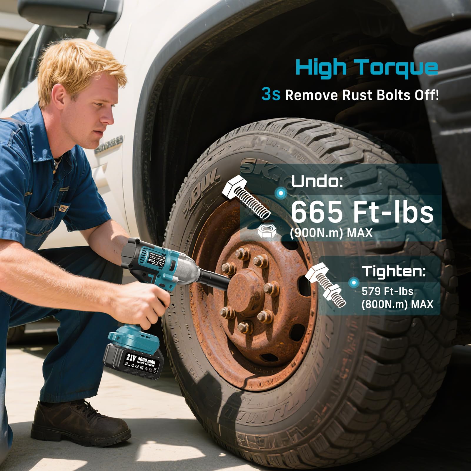 Seesii Impact Wrench 665 FT-LBS(900N.m) 3300IPM 1/2 Impact Gun High Torque Electric Impact Driver Cordless Impact Wrench with 21V 2x4.0Ah Battery 6 Sockets&Case for Home Car Tire Lug Nut Removal Tool - Image 2