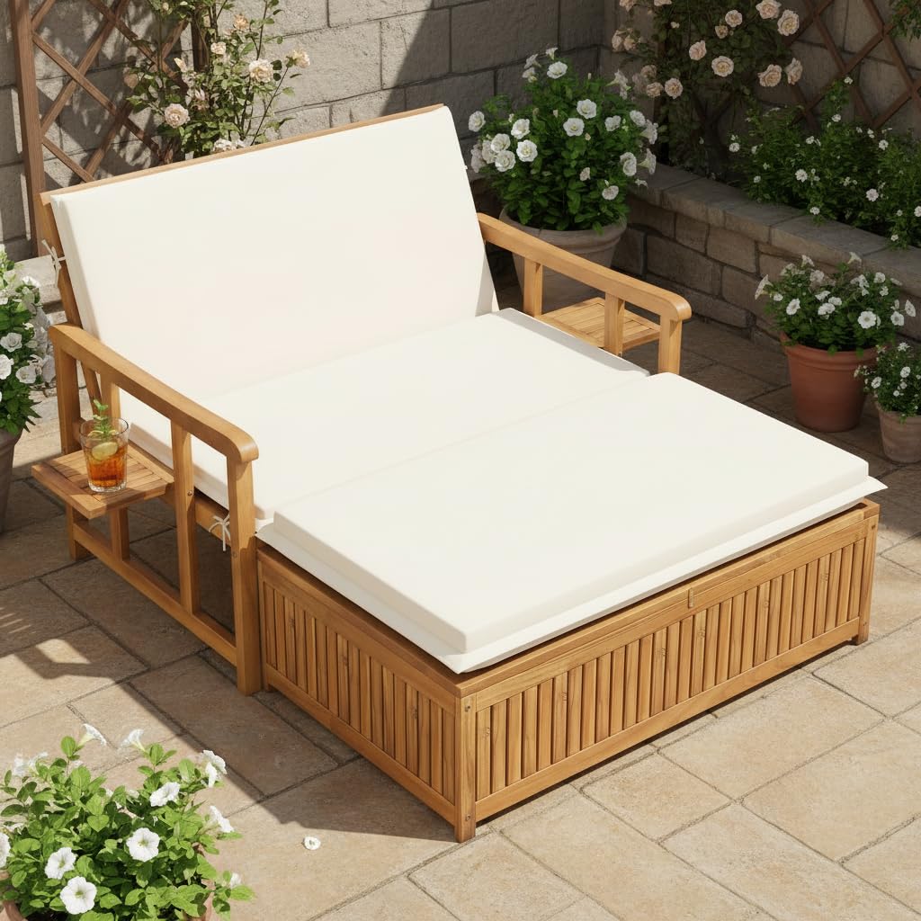 Tangkula Acacia Wood Patio Daybed with 4-Level Adjustable Backrest - Image 2