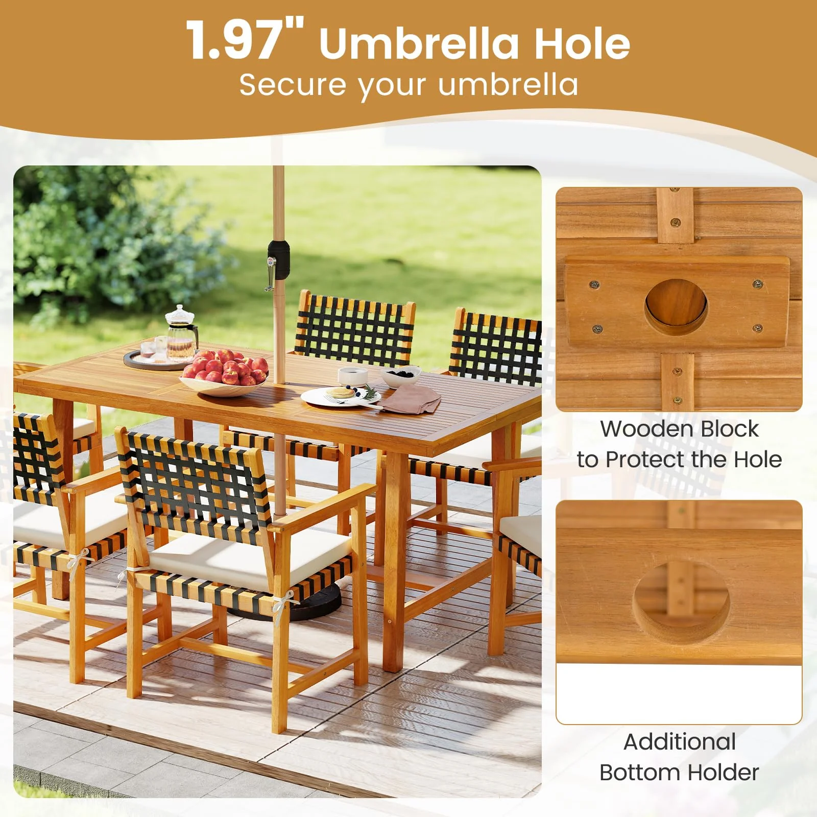 Tangkula 3 Piece Patio Dining Set 63” Outdoor Acacia Wood Rectangular Table with 2 Cushioned Bench - Image 4