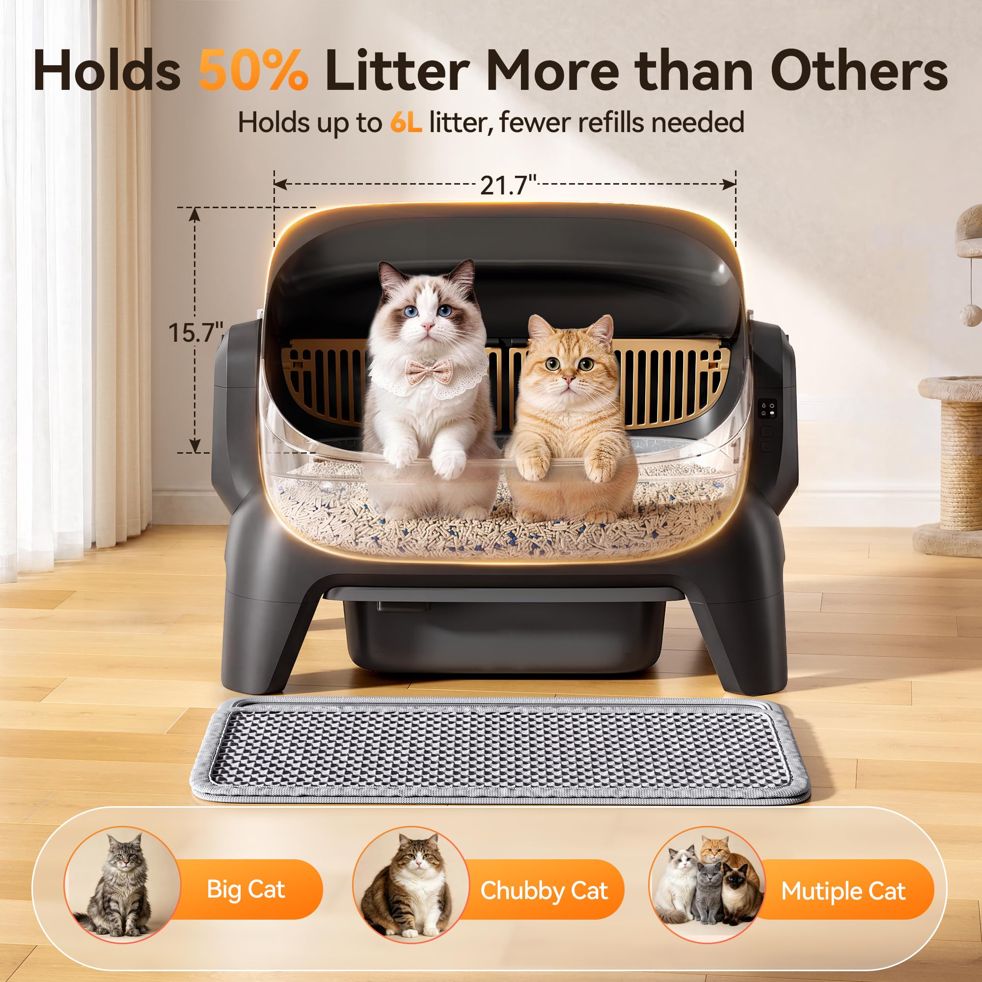 Meowant Extra Large Automatic Litter Box, Infrared Scanning and Anti-Pinch Self Cleaning Cat Litter Box for Multiple Cats, Open Top Design with APP Control,12L Waste Bin, Odor Free, XXXL Space Black - Image 2