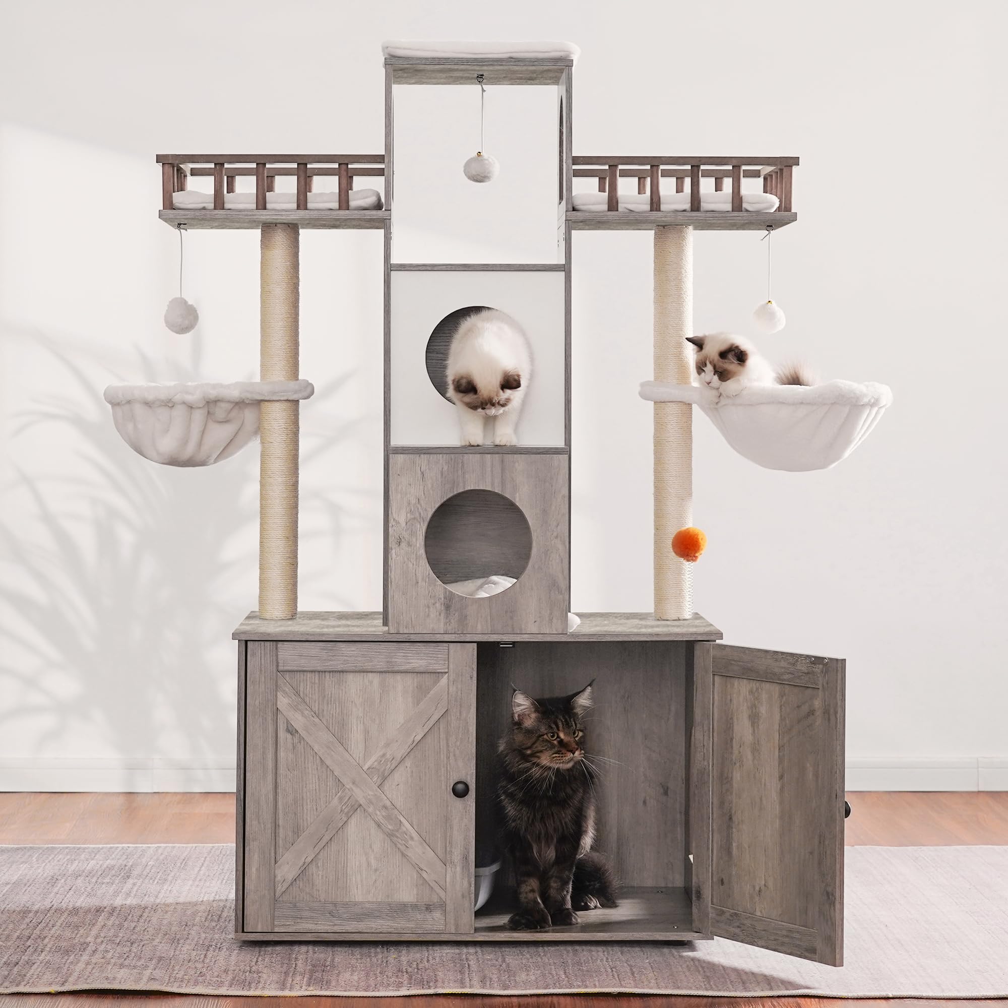 Heybly Cat Tree with Litter Box Enclosure for Indoor Big Cat HCT110SG Cat Tower for Large Cats 20 lbs Heavy Duty, Modern Cat Condo Furniture with Scratching Posts, Rustic Gray Product gallery - Image 4