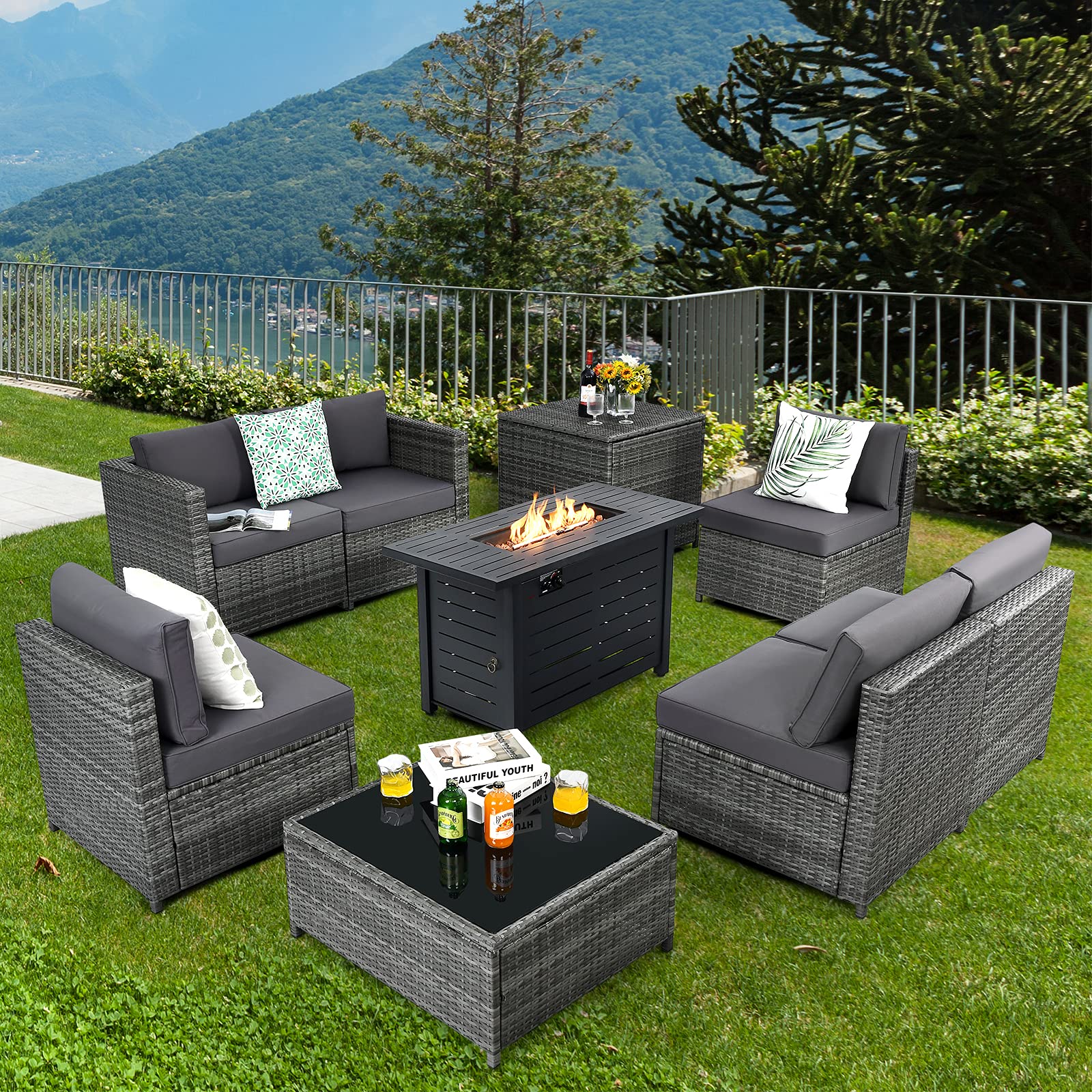 Tangkula 9 Pieces Patio Rattan Furniture Set, Patiojoy Sectional Sofa Set w/Storage Box, Coffee Table, Outdoor Wicker Conversation Set - Image 15