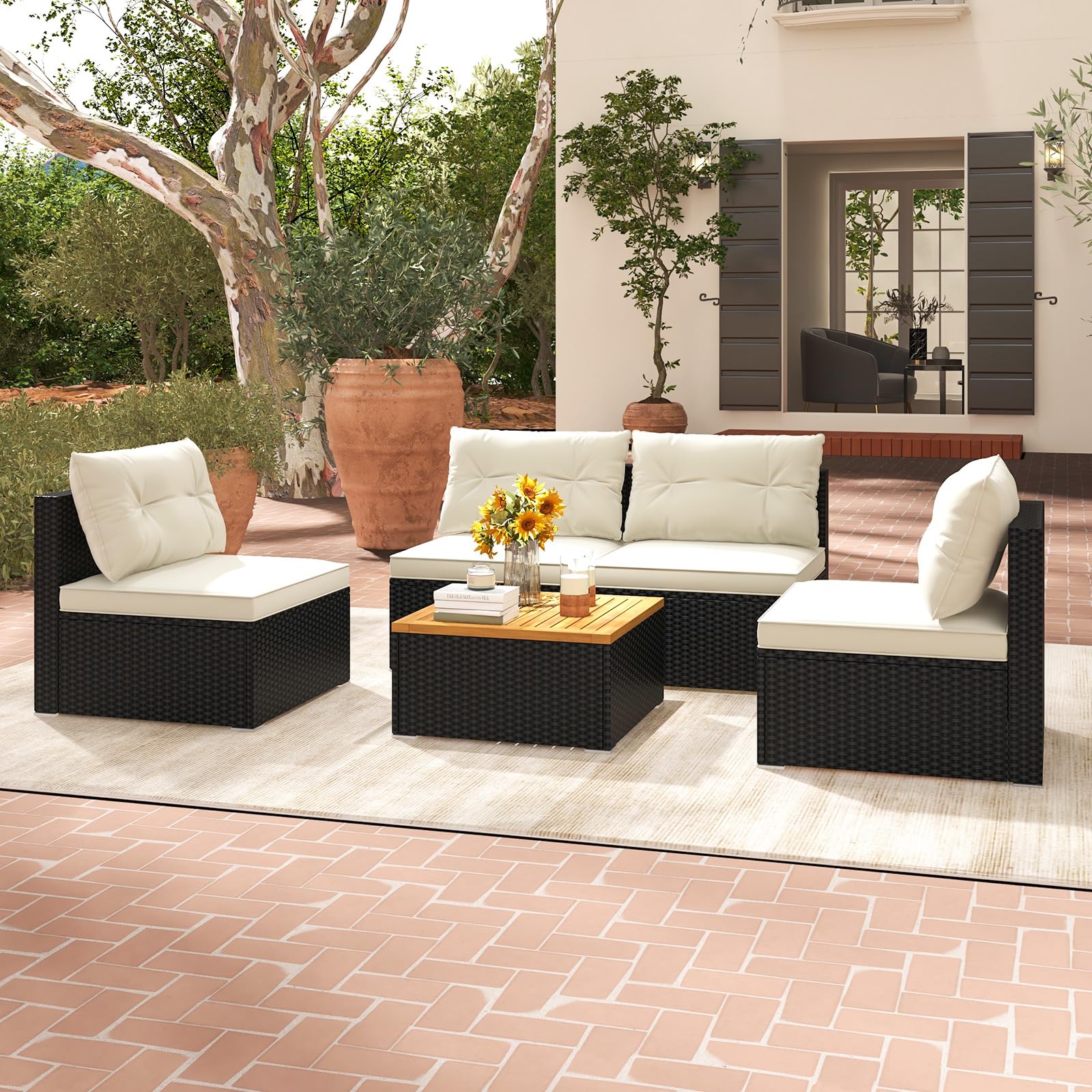 Tangkula 5 Piece Rattan Sofa Set, Patiojoy Outdoor Wicker Furniture Set with Seat & Back Cushions - Image 9