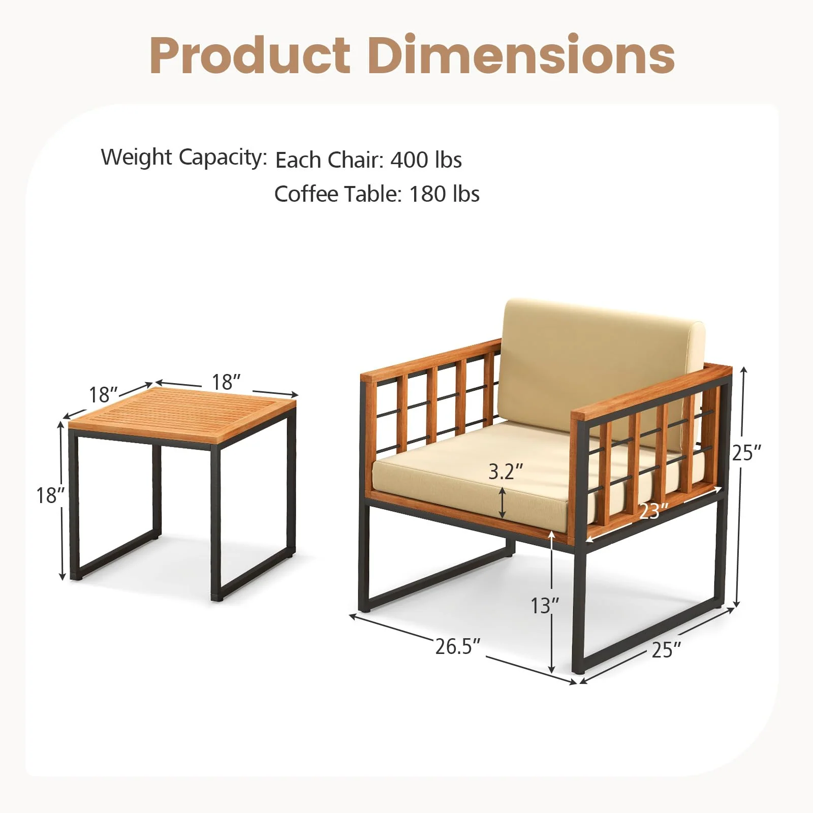 Tangkula 3 Pieces Patio Chair Set, Acacia Wood Outdoor Sofa Set with Metal Support - Image 5