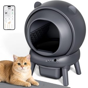Self Cleaning Litter Box, Dual Safety Sensors, App Control, Gray Automatic Cat Litter Box for Multiple Cats, Noise & Odor Control, Easy Maintenance with 2 Rolls of Garbage Bags, Includes Mat