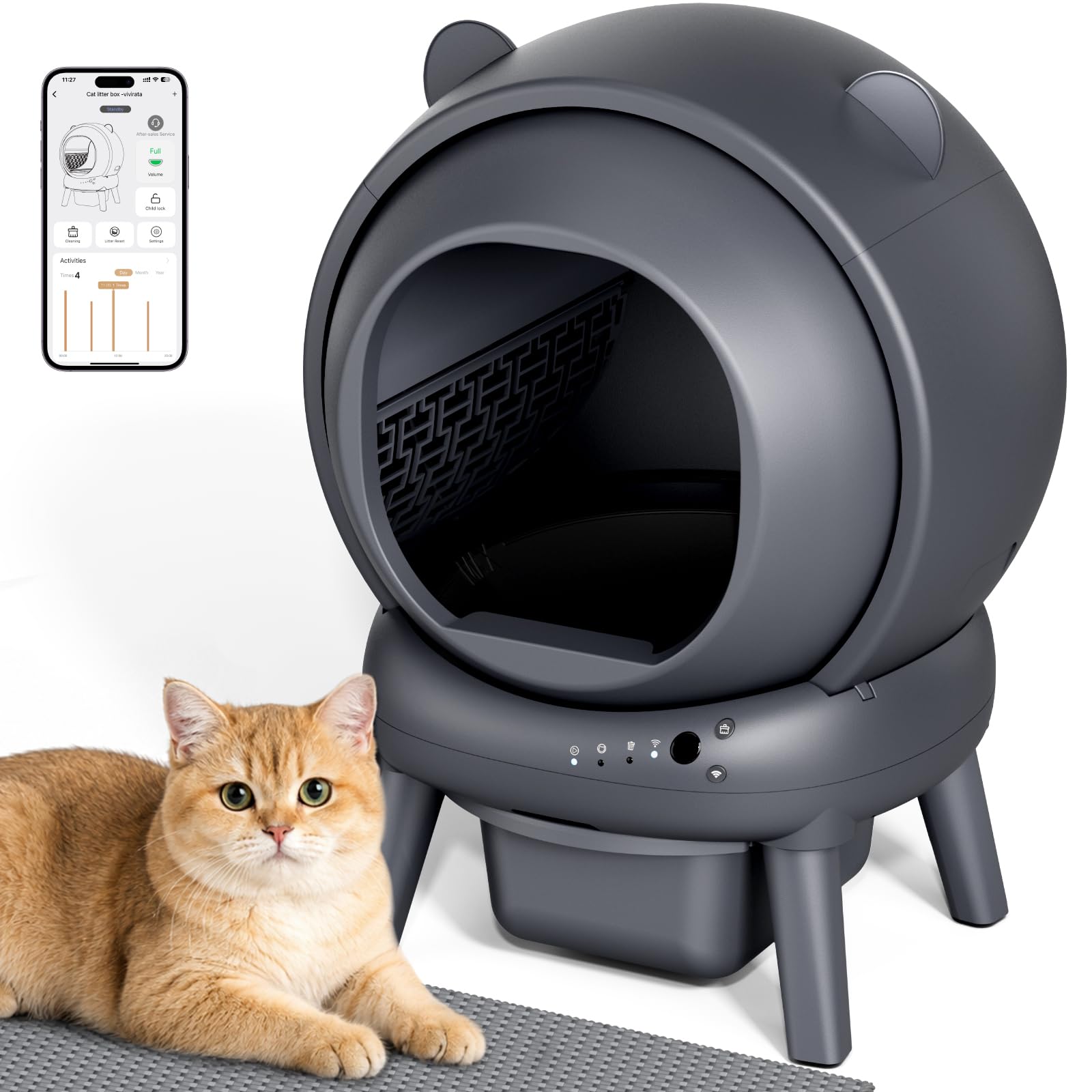 Self Cleaning Litter Box, Dual Safety Sensors, App Control, Gray Automatic Cat Litter Box for Multiple Cats, Noise & Odor Control, Easy Maintenance with 2 Rolls of Garbage Bags, Includes Mat