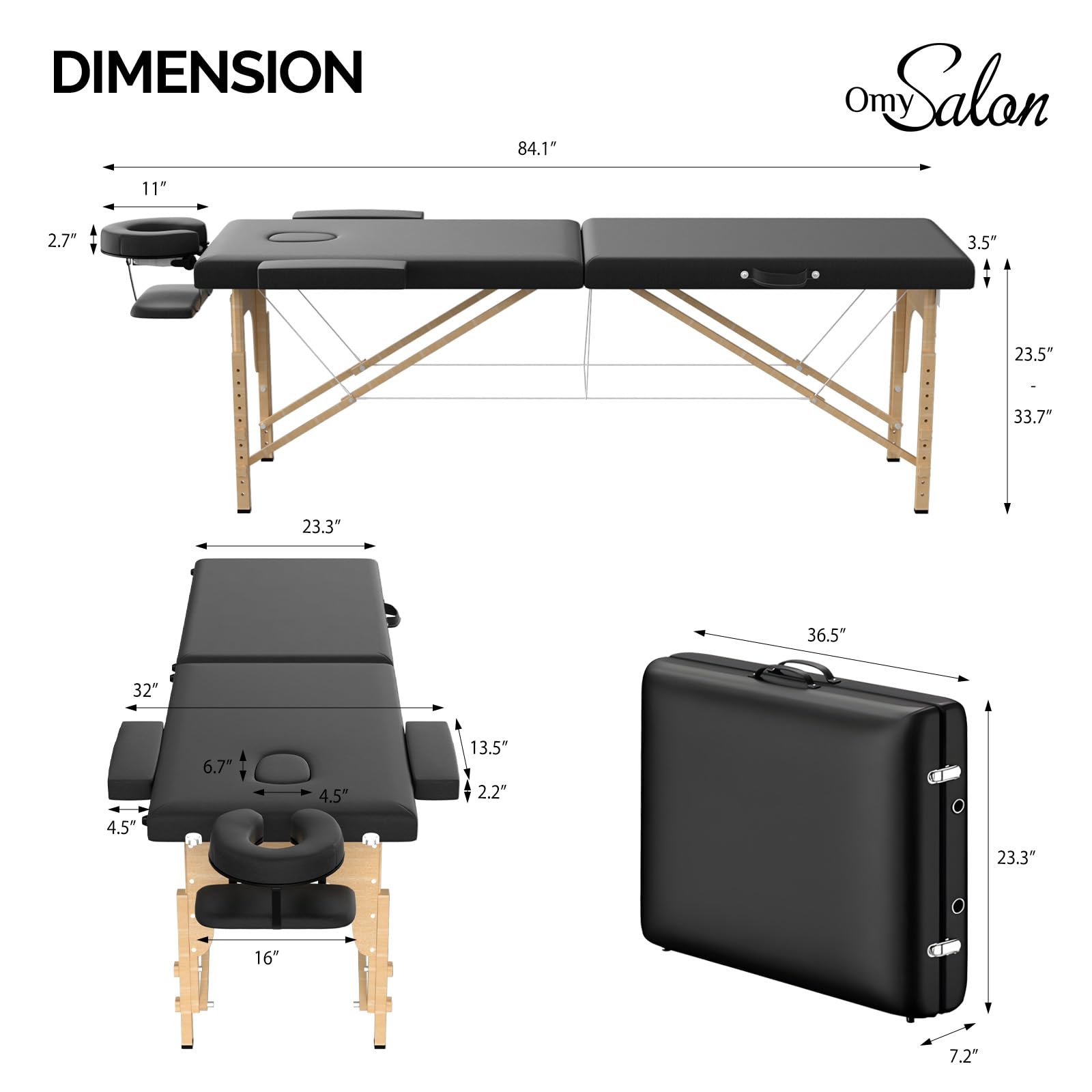 OmySalon Massage Table Portable Massage Bed, 84" x 24" Salon SPA Tattoo Facial Bed Lash Table Height Adjustable with Carrying Bag, Face Cradle & Wooden Frame (Black, 2-Fold) - Image 2