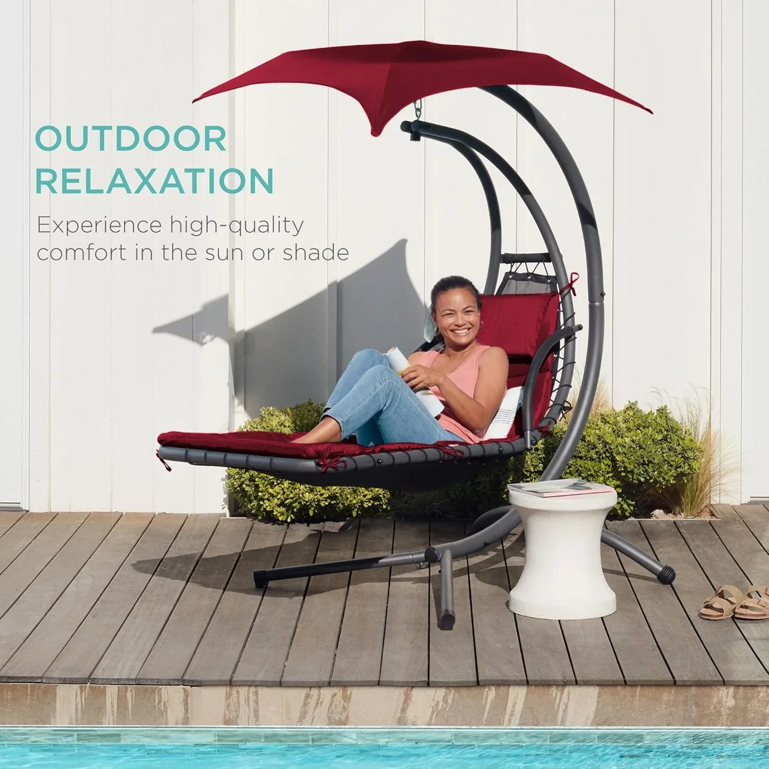 Best Choice Products Outdoor Hanging Curved Steel Chaise Lounge Chair Swing w/Built-in Pillow and Removable Canopy - Charcoal Gray - Image 63