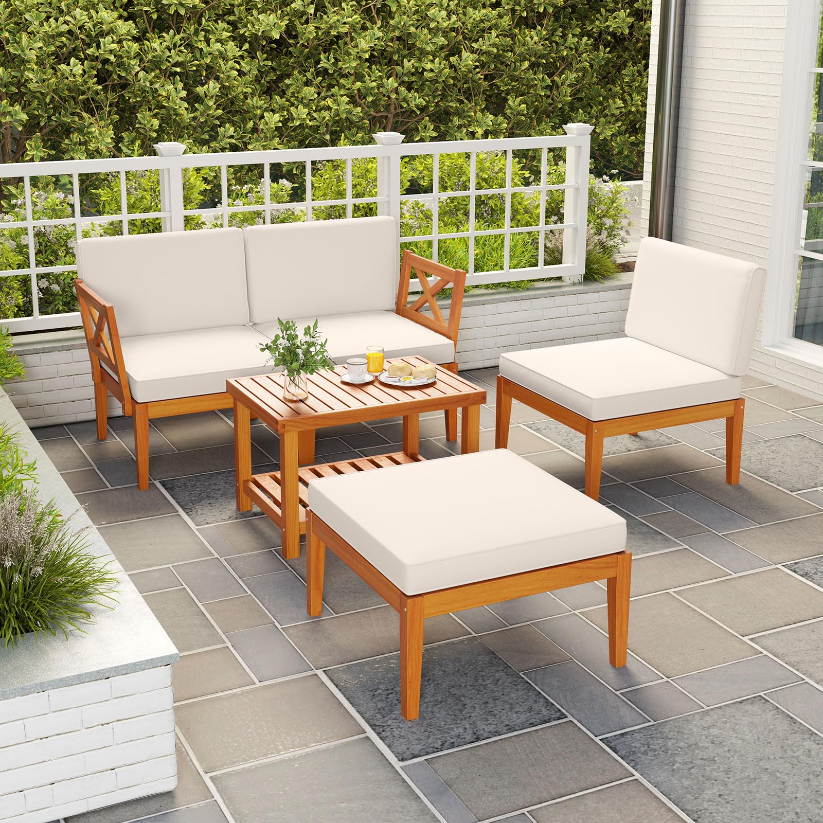 Tangkula L Shaped Outdoor Furniture Set, 5 Pieces Acacia Wood Patio Conversation Set for Garden, Backyard, Poolside (Off White) - Image 3