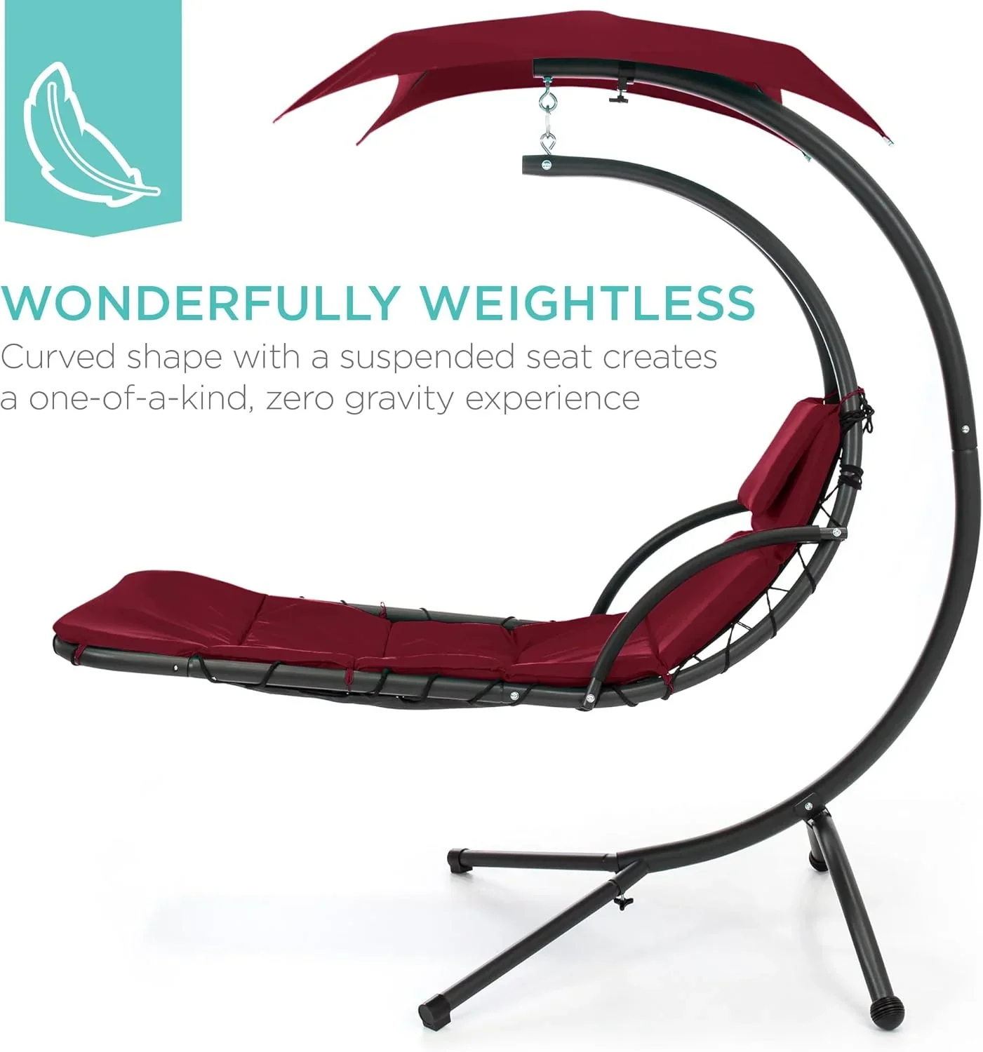 Best Choice Products Outdoor Hanging Curved Steel Chaise Lounge Chair Swing w/Built-in Pillow and Removable Canopy - Charcoal Gray - Image 59