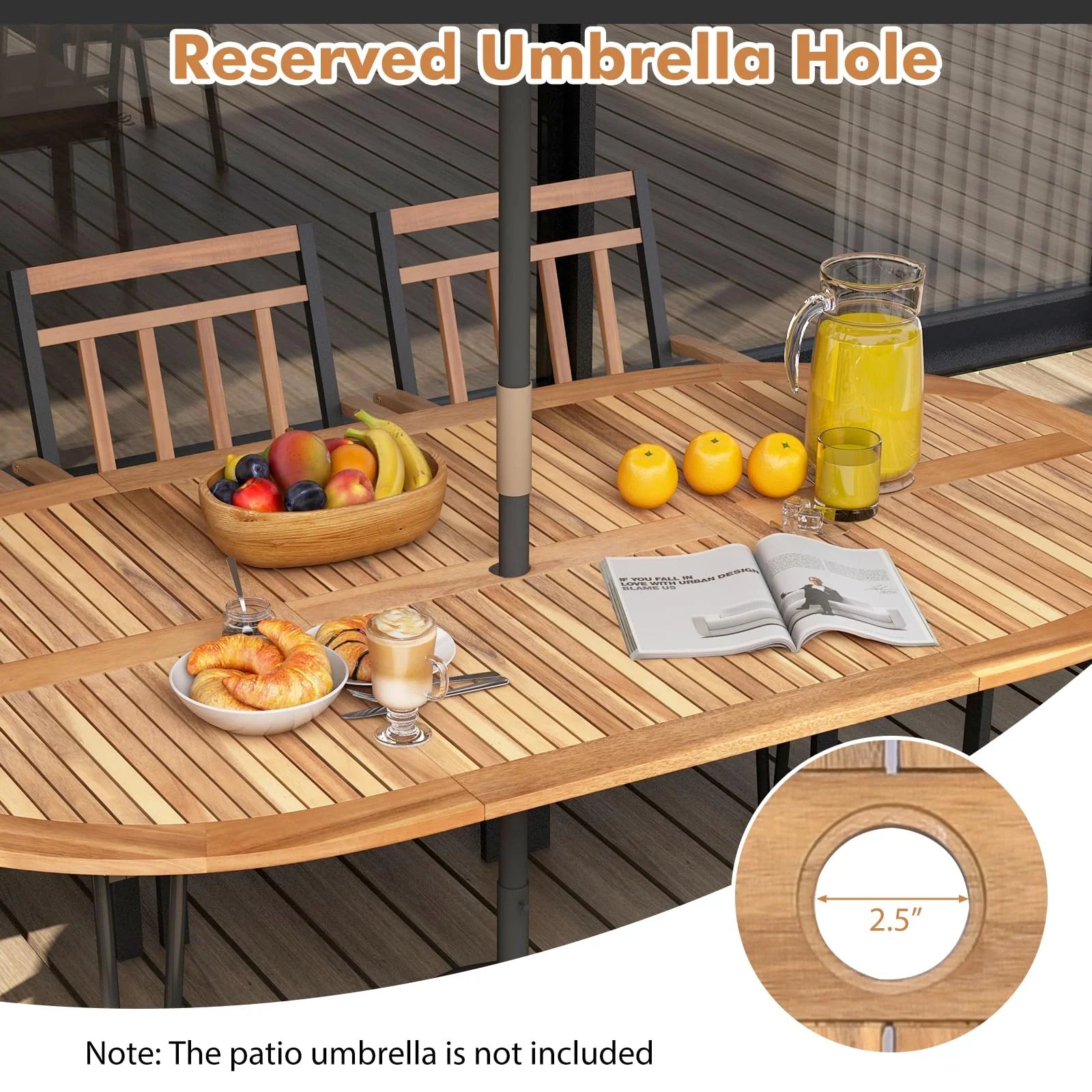 Tangkula 9 Pieces Outdoor Dining Set, Patio Furniture Set with Acacia Wood Top & Umbrella Hole, Metal Frame - Image 5