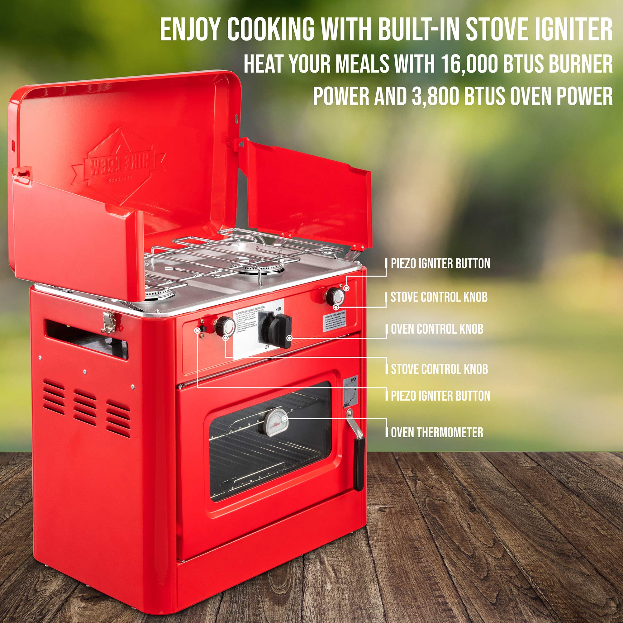 Hike Crew Outdoor Gas Camping Oven w/Carry Bag | CSA Approved Portable Propane-Powered 2-Burner Stove & Oven | Auto Ignition, Overheat Safety Shutoff, Built-In Thermometer | Hose & Regulator Included - Image 4