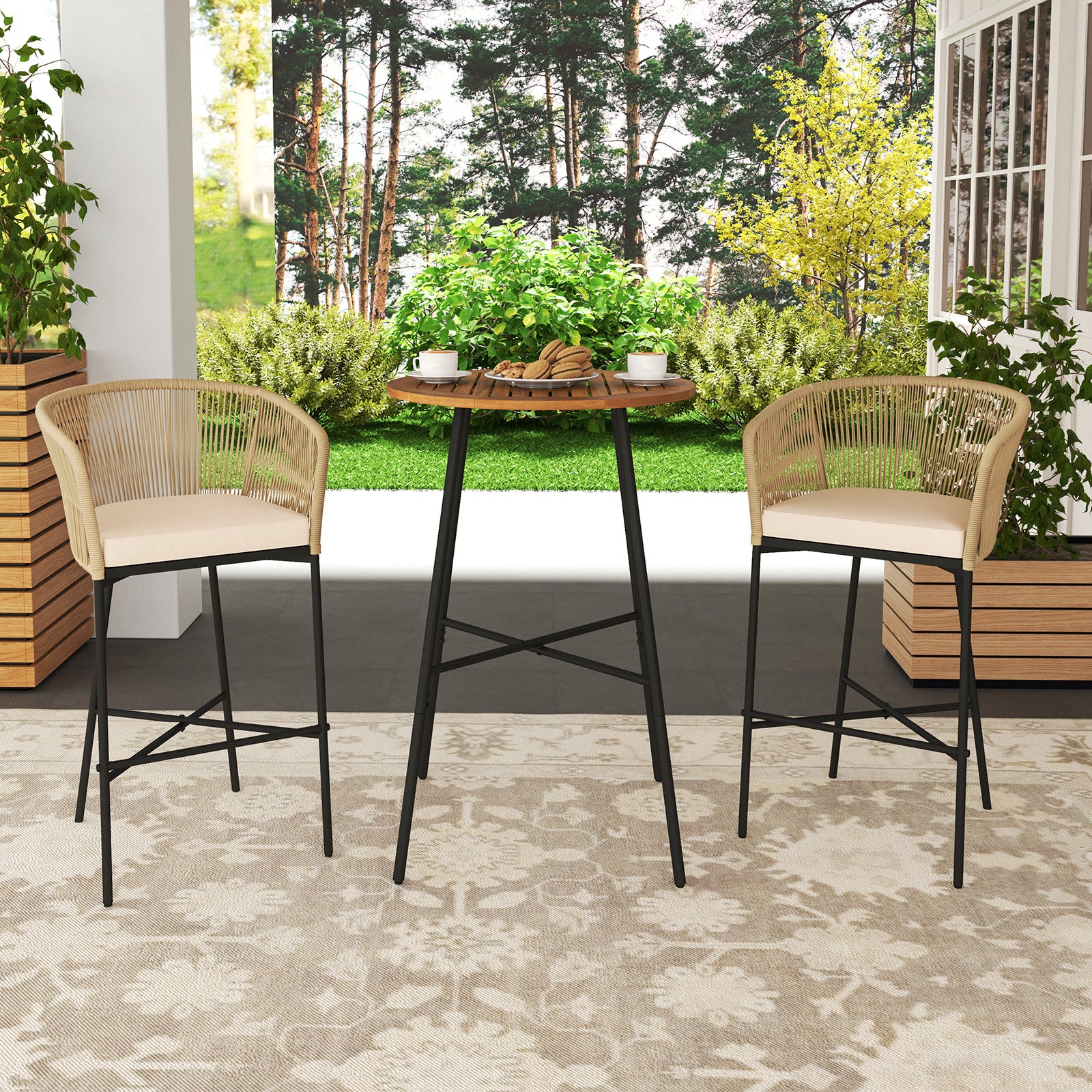 Tangkula 3 Pieces Rope Woven Patio Bar Set, Counter Height Bistro Set w/Soft Cushions - Image 2