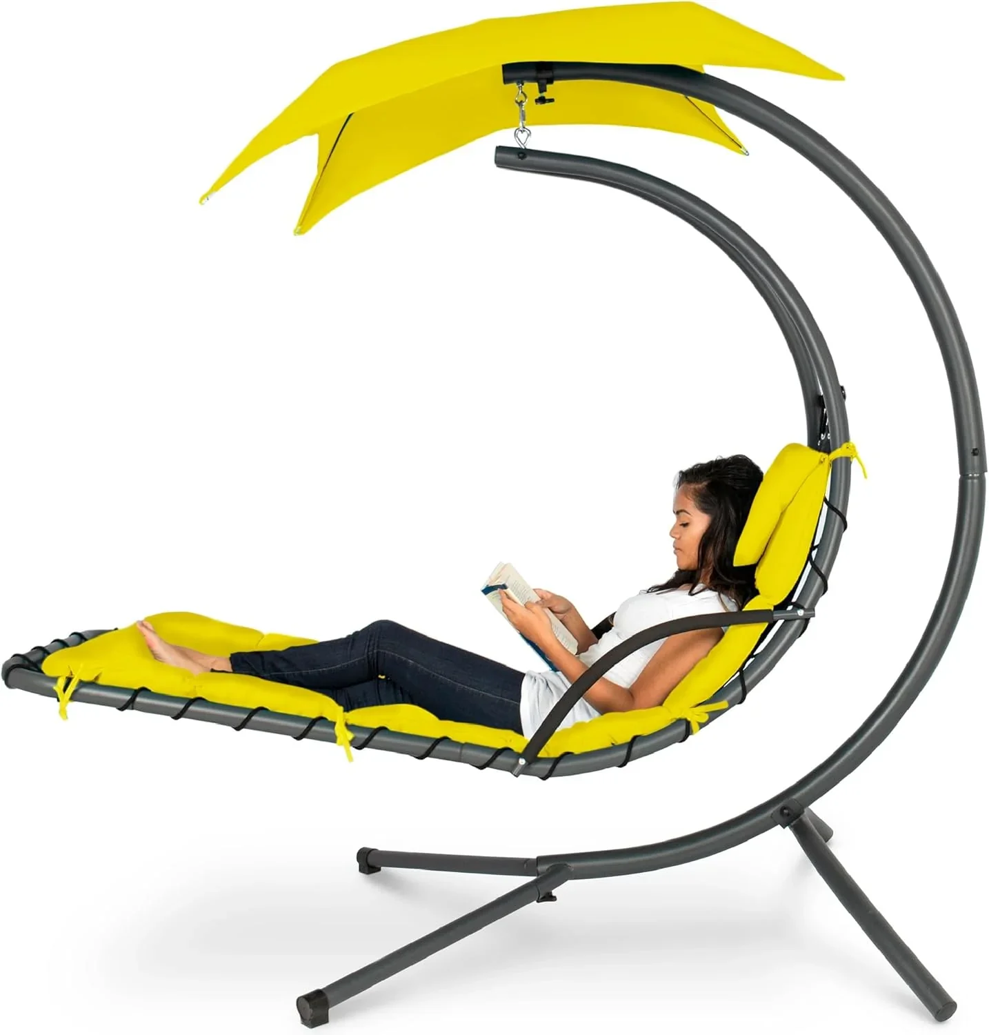 Best Choice Products Outdoor Hanging Curved Steel Chaise Lounge Chair Swing w/Built-in Pillow and Removable Canopy - Charcoal Gray - Image 32