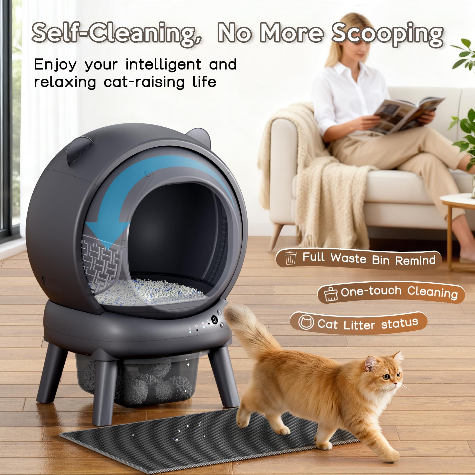 Self Cleaning Litter Box, Dual Safety Sensors, App Control, Gray Automatic Cat Litter Box for Multiple Cats, Noise & Odor Control, Easy Maintenance with 2 Rolls of Garbage Bags, Includes Mat - Image 3