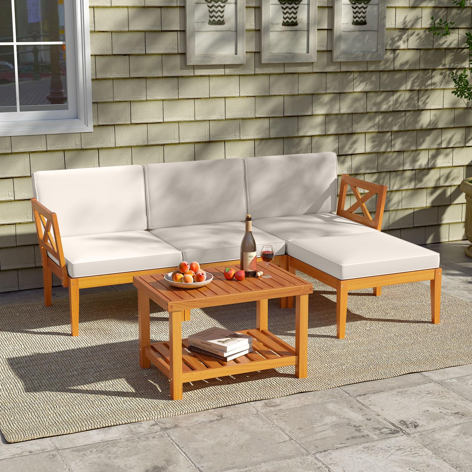 Tangkula L Shaped Outdoor Furniture Set, 5 Pieces Acacia Wood Patio Conversation Set for Garden, Backyard, Poolside (Off White) - Image 4