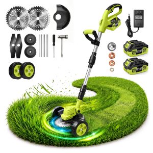 SEESE Cordless Electric Weed Wacker: 3 Different Blades for Lawn Trimming with 2×3.0Ah Batteries, Wheels, and Safety Guard, Lightweight & Ergonomic Design - Suitable for Yard & Garden