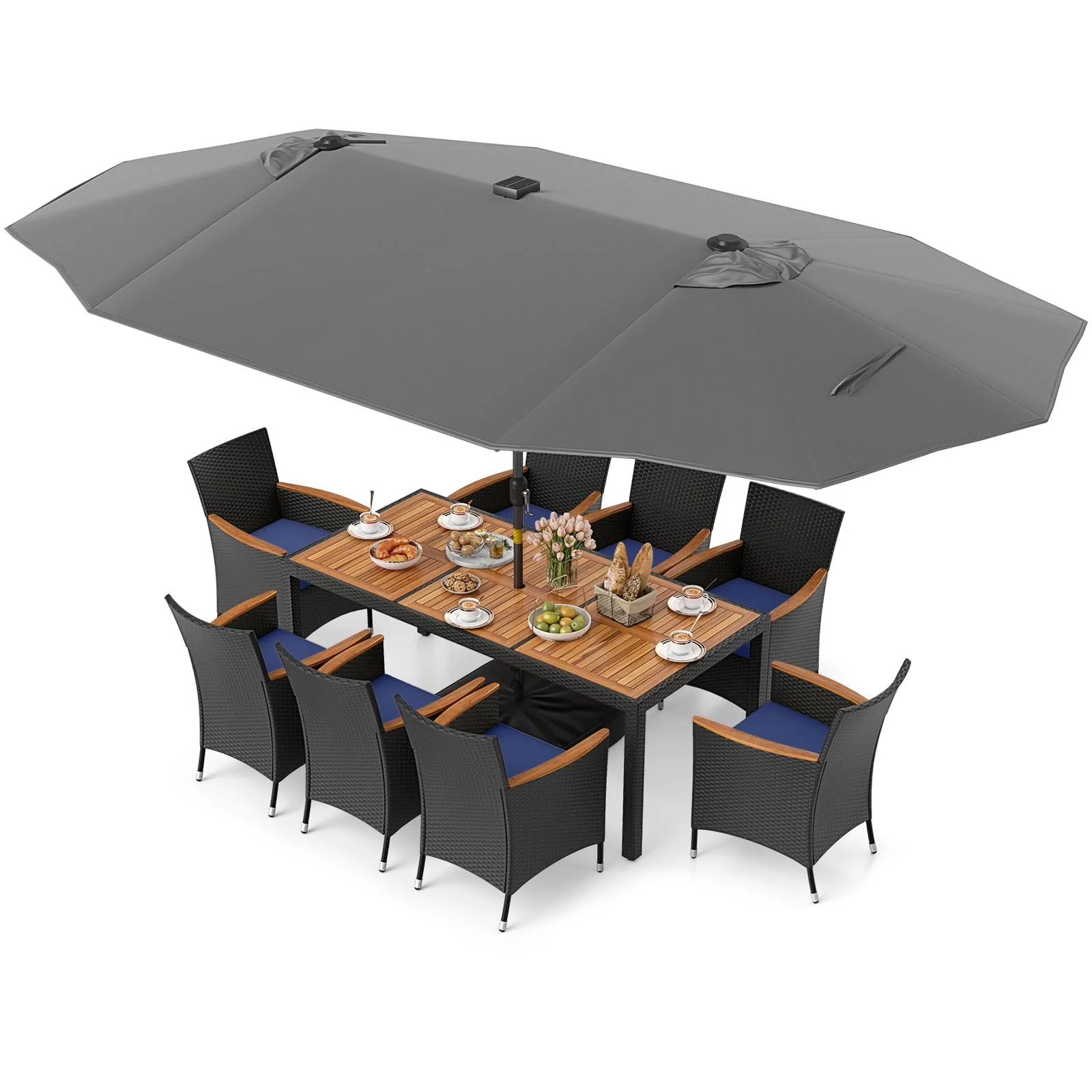 Tangkula 11 Pieces Patio Dining Set with Double-Sided Led Patio Umbrella (Base Included) - Image 14