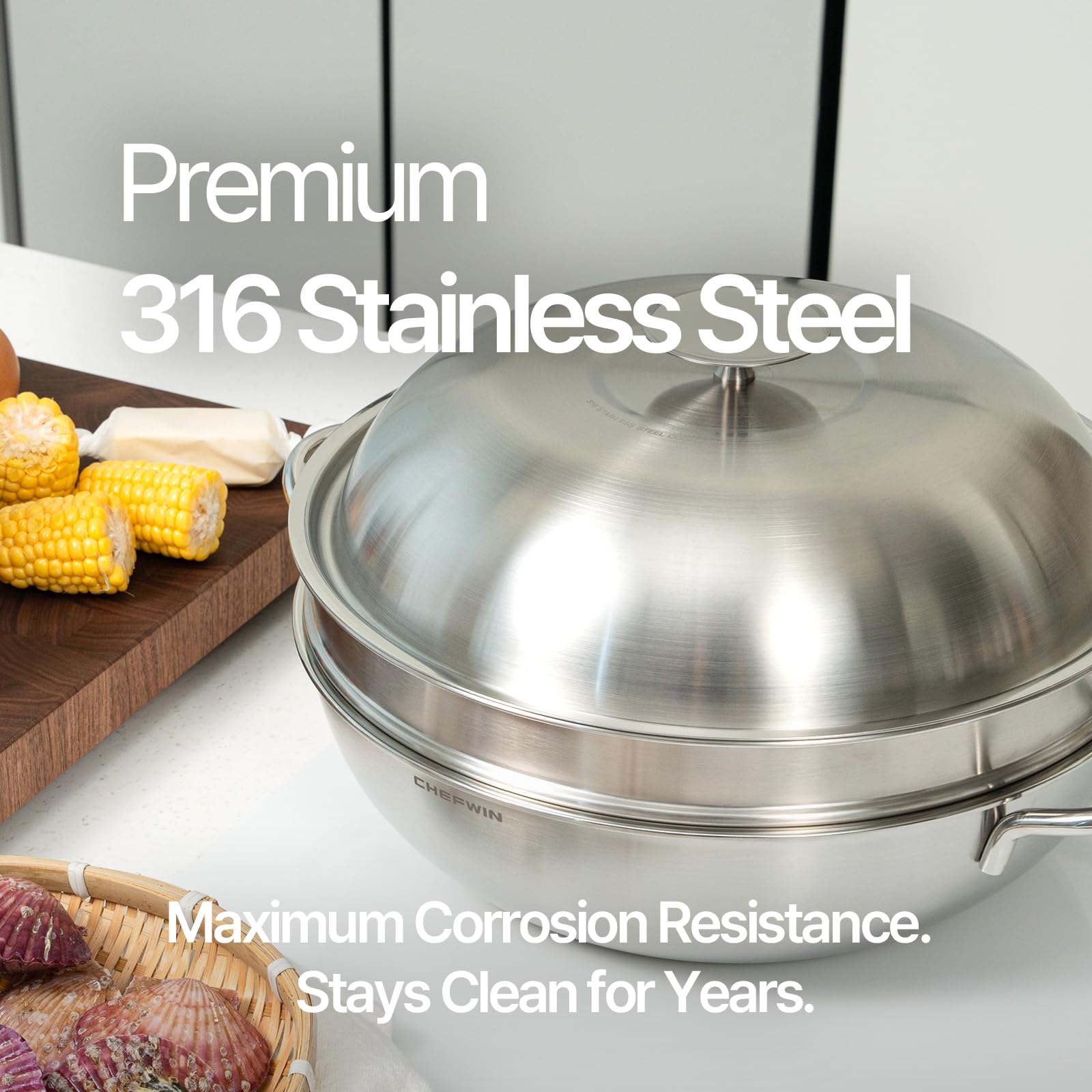 316 Stainless Steel Heavy Duty 12.6 inch 6.3 Quart Wok pan with Lid and Steamer, Stir Fry Pan, 5Ply, Induction Cookware, Dishwasher Safe, Oven Safe - Image 4